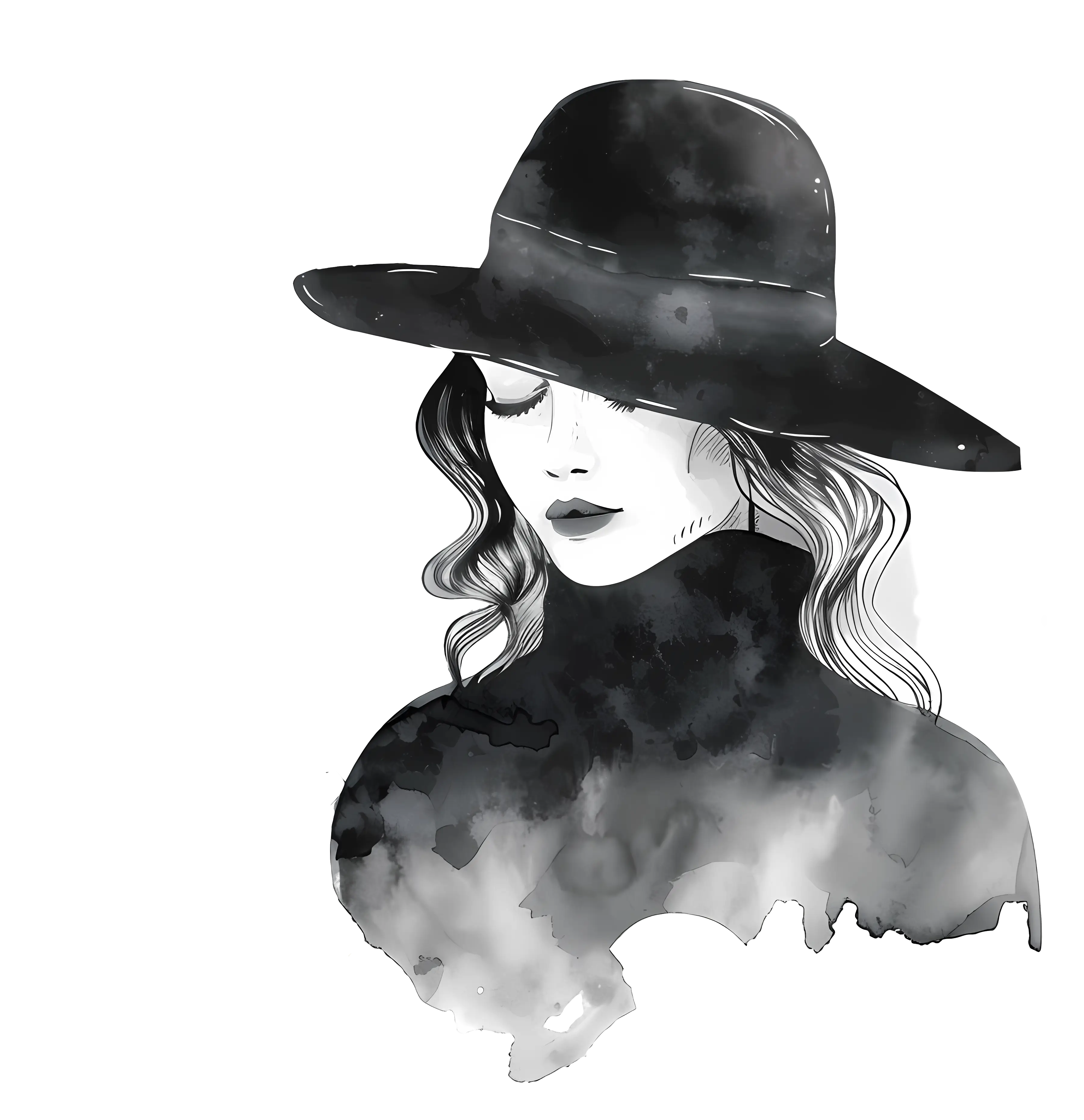 Stylish Woman in Black Hat Illustration
