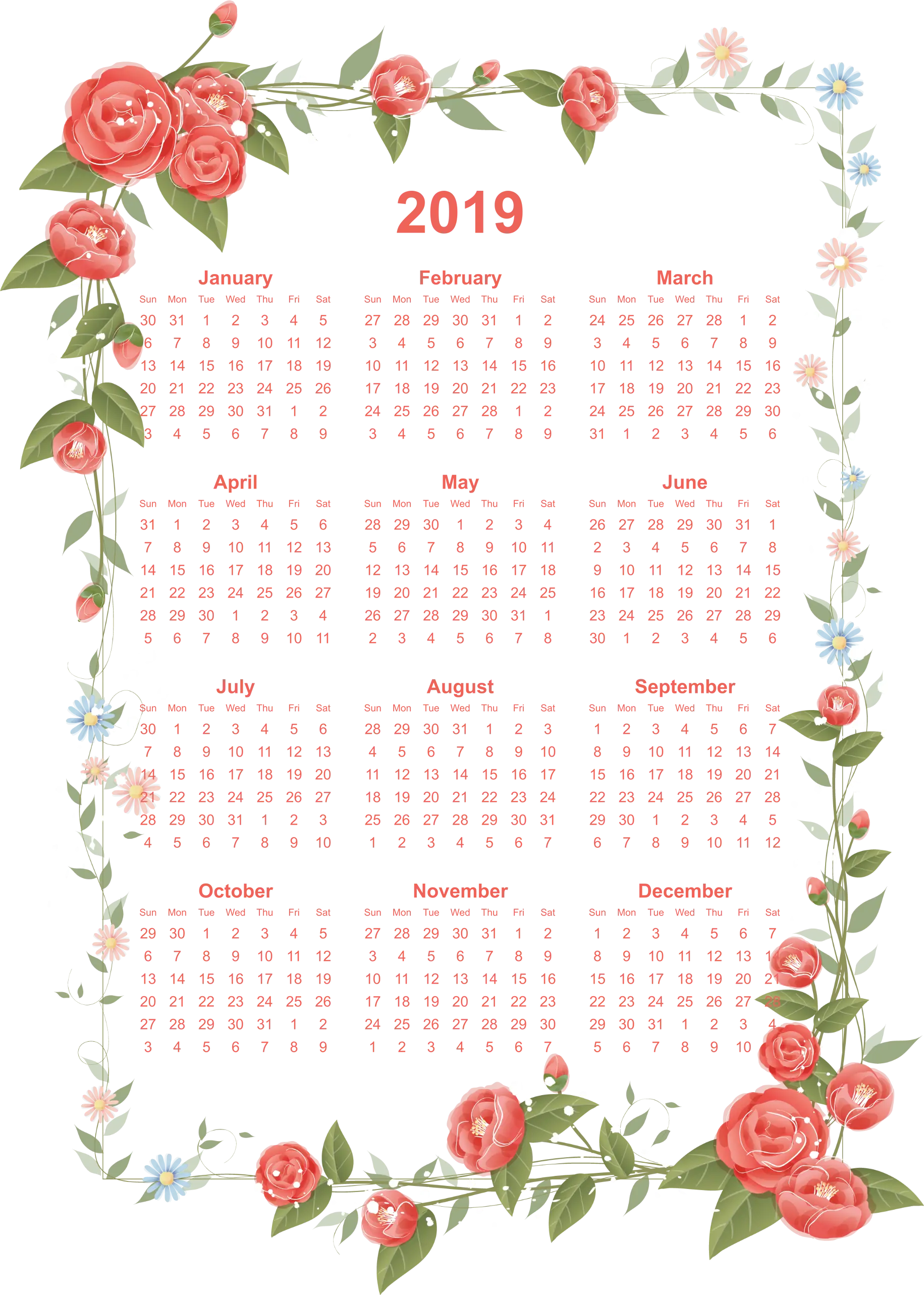 2019 Calendar with Red Rose Floral Design
