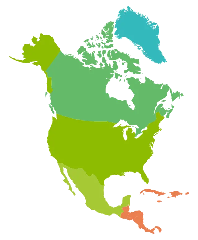 Colorful Map of North America with Countries and Regions