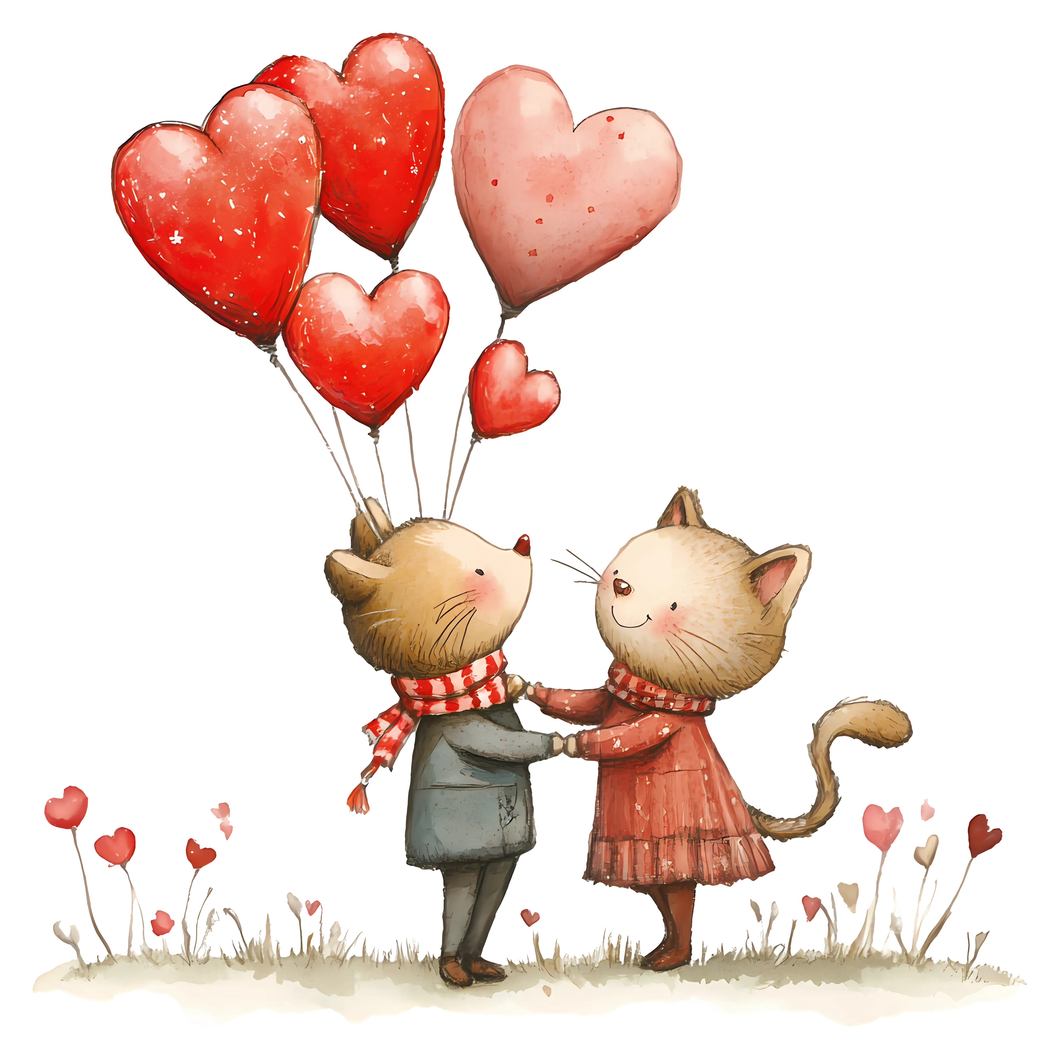 Romantic Cats with Heart Balloons