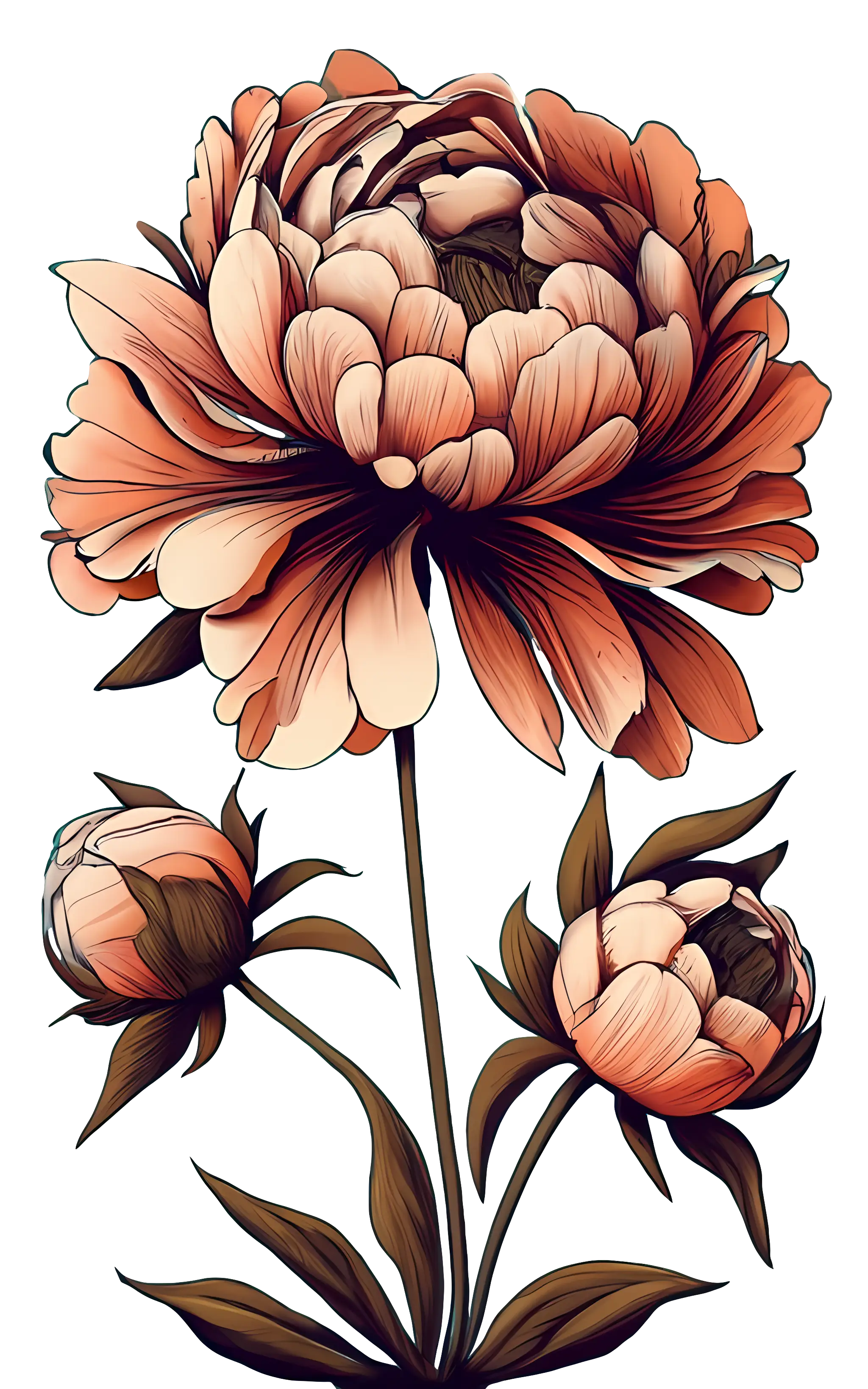 Illustrated Blooming Peonies in Soft Colors