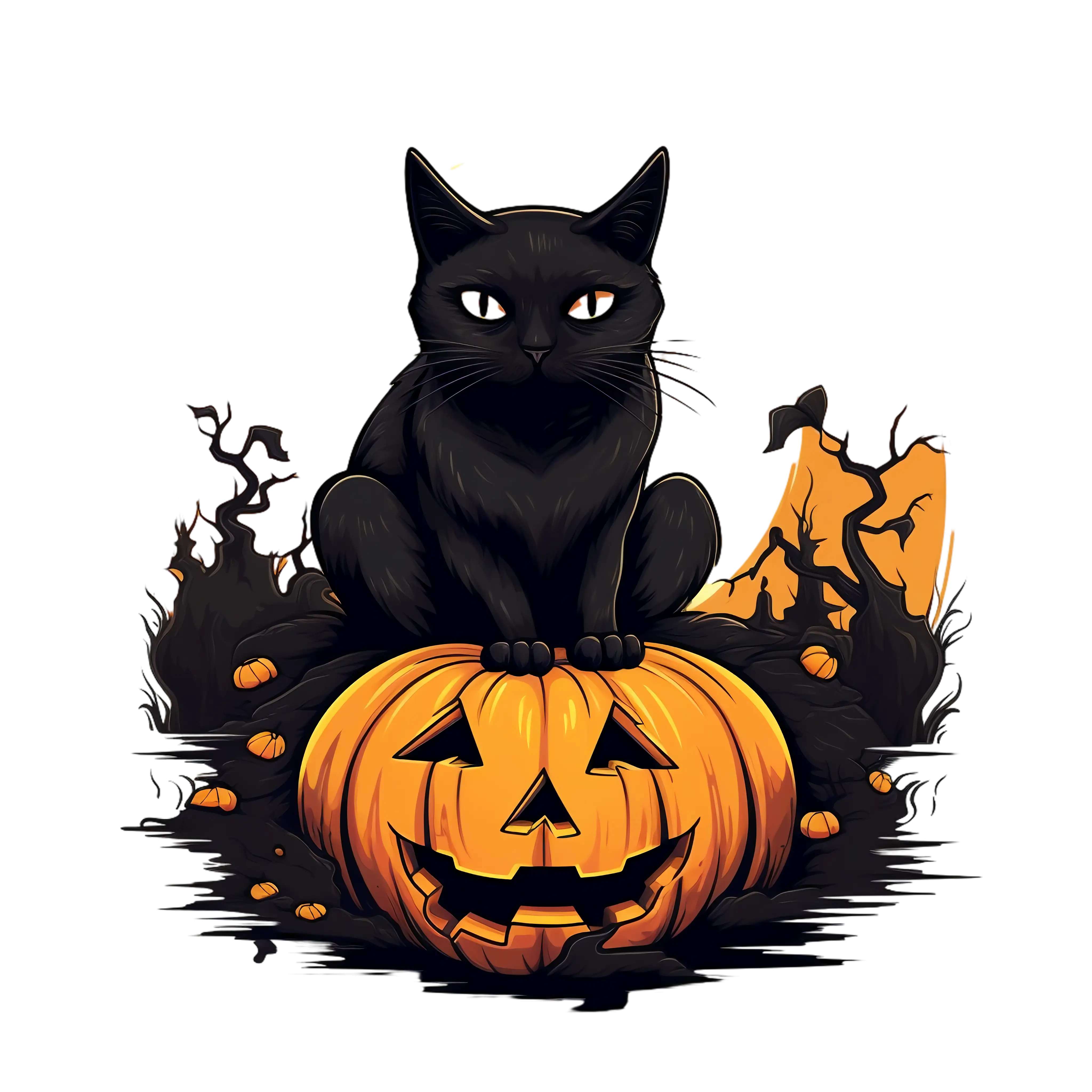 Spooky Black Cat Perched on Jack-o&#039;-Lantern