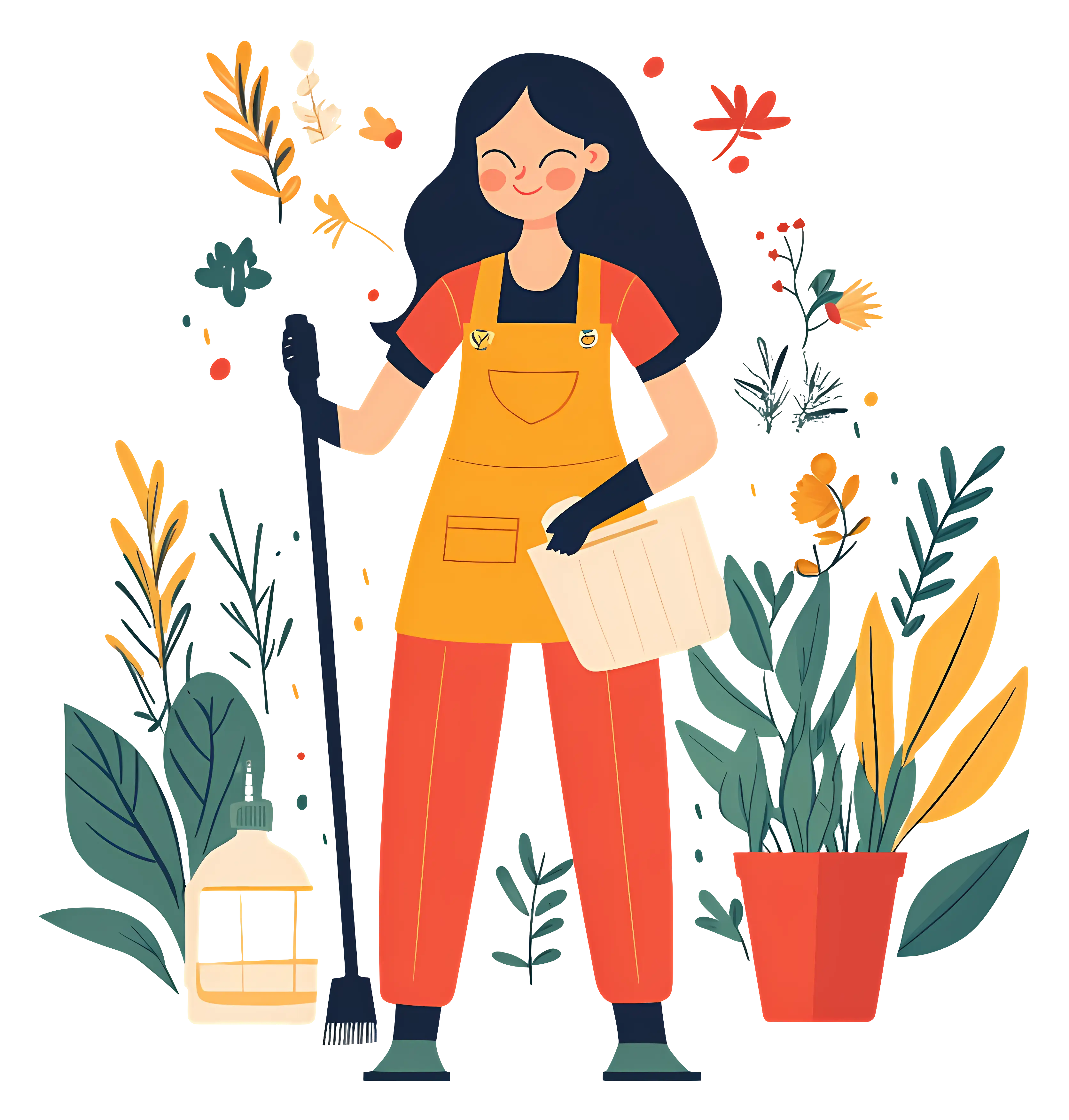 Woman Cleaning with Plants Around