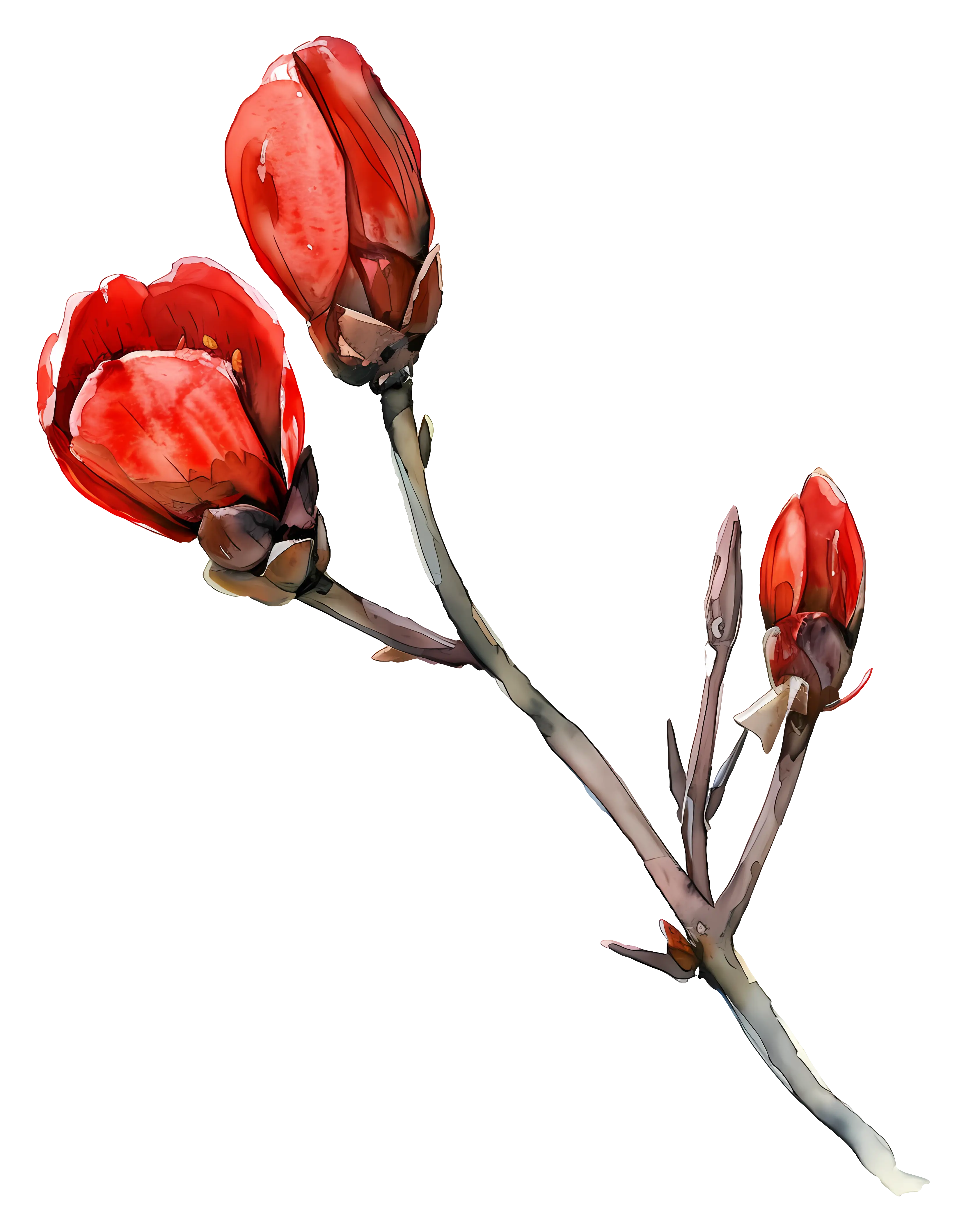Red Flower Branch in Watercolor Style