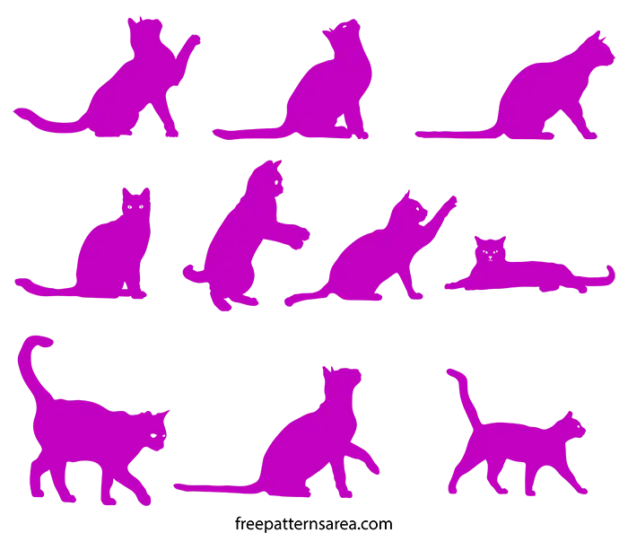 Purple Cat Silhouettes in Various Poses
