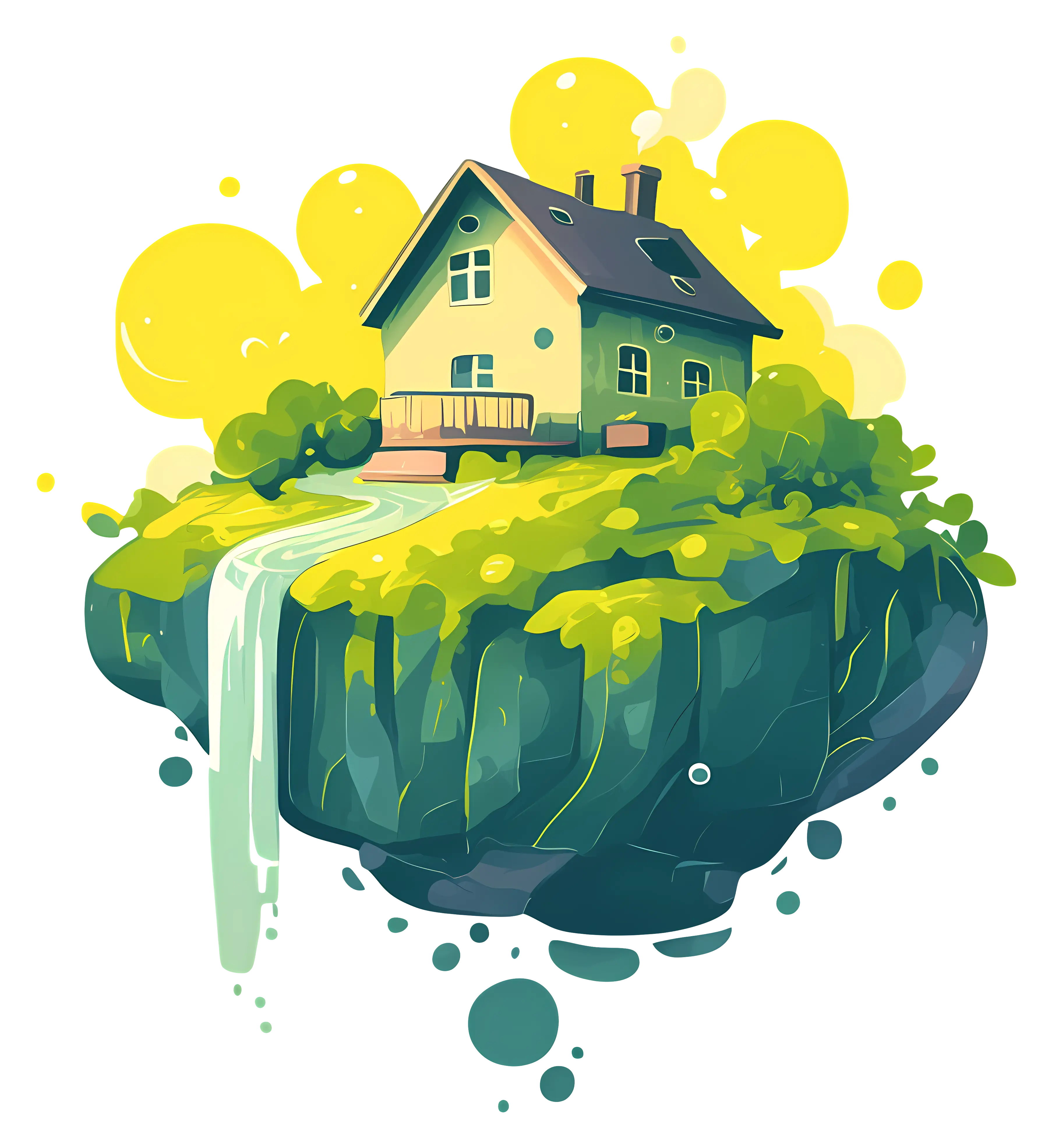 Floating House on Island with Waterfall