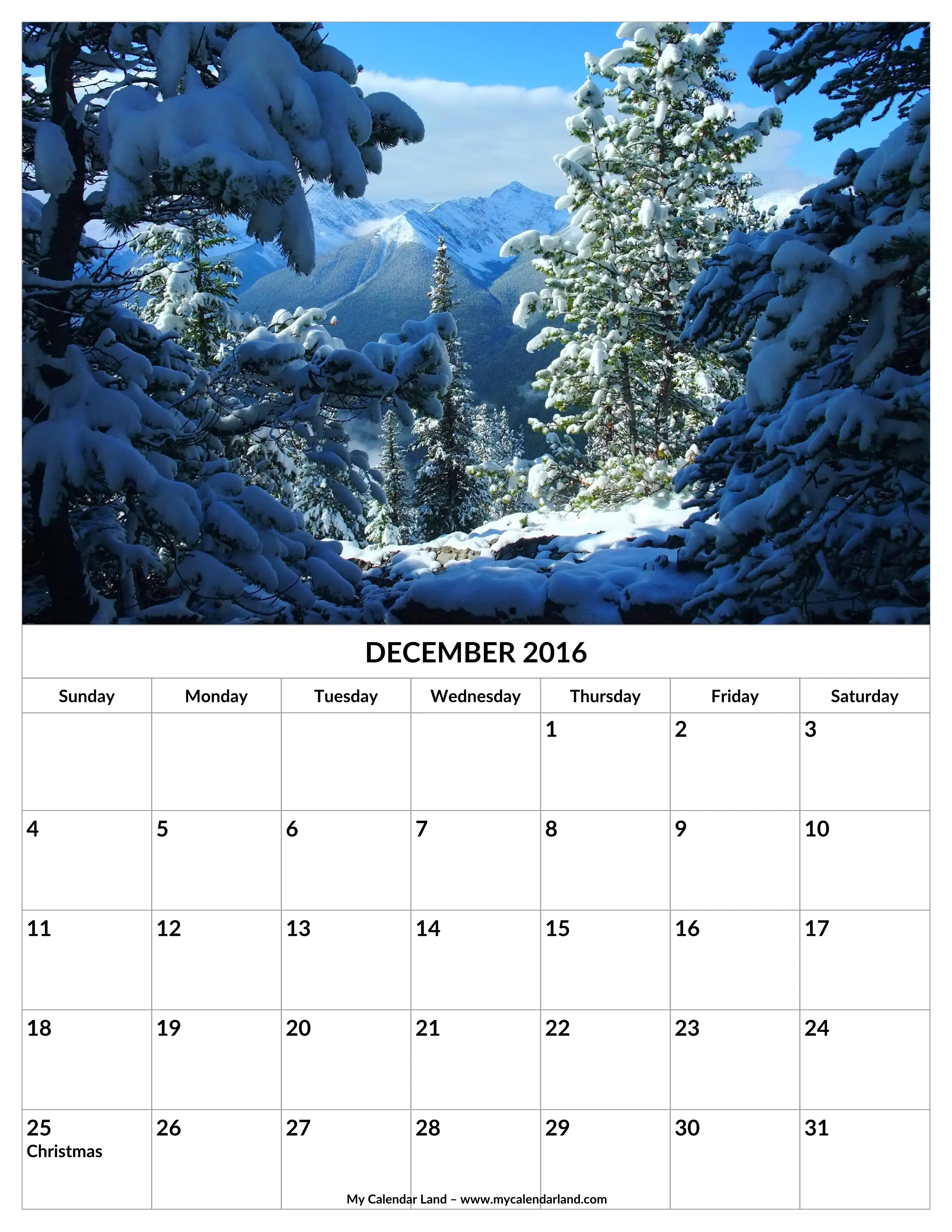 December 2016 Calendar with Snowy Winter Scene