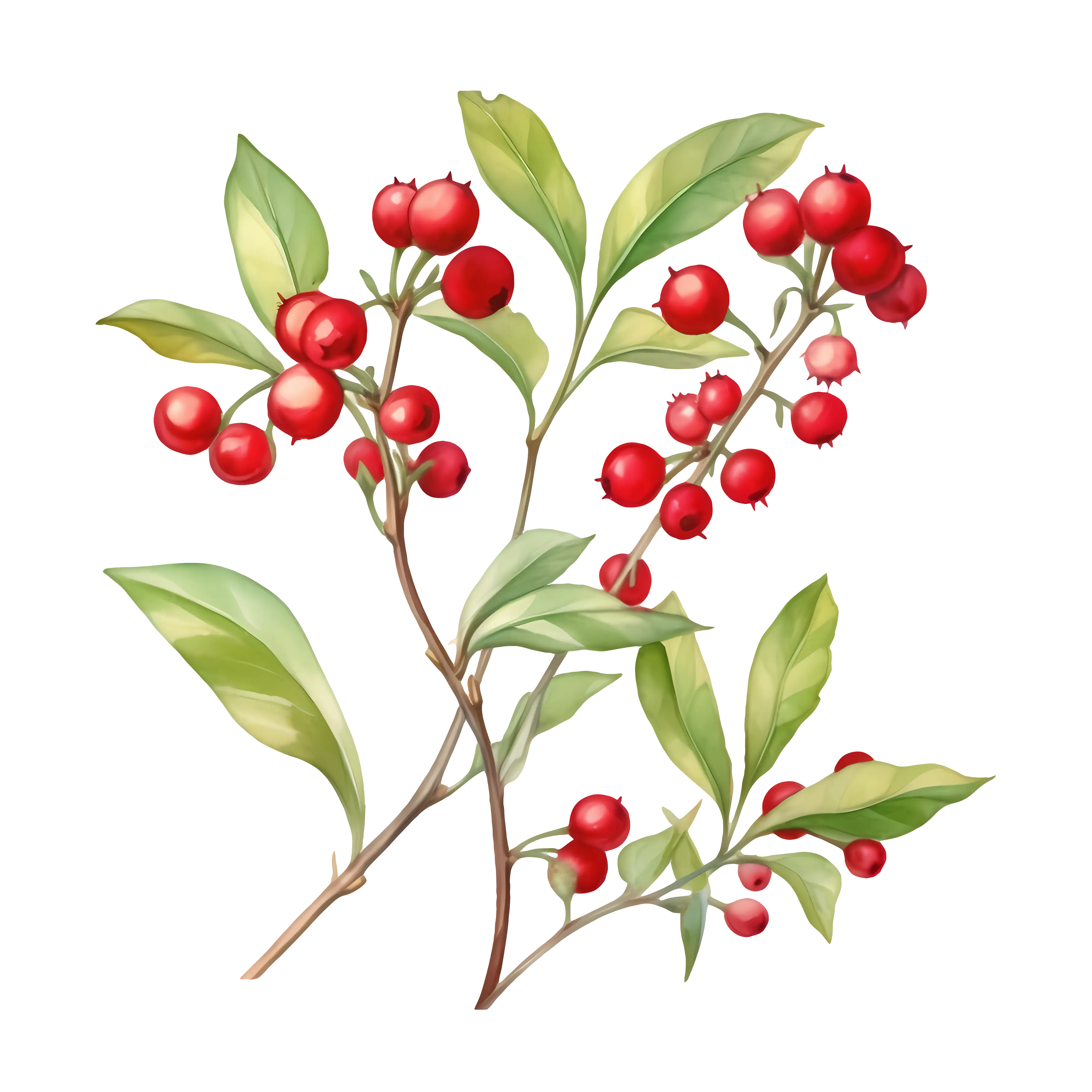 Red Berry Branches with Green Leaves
