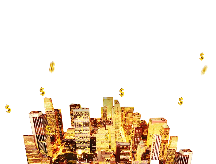 Golden Cityscape with Falling Dollar Signs