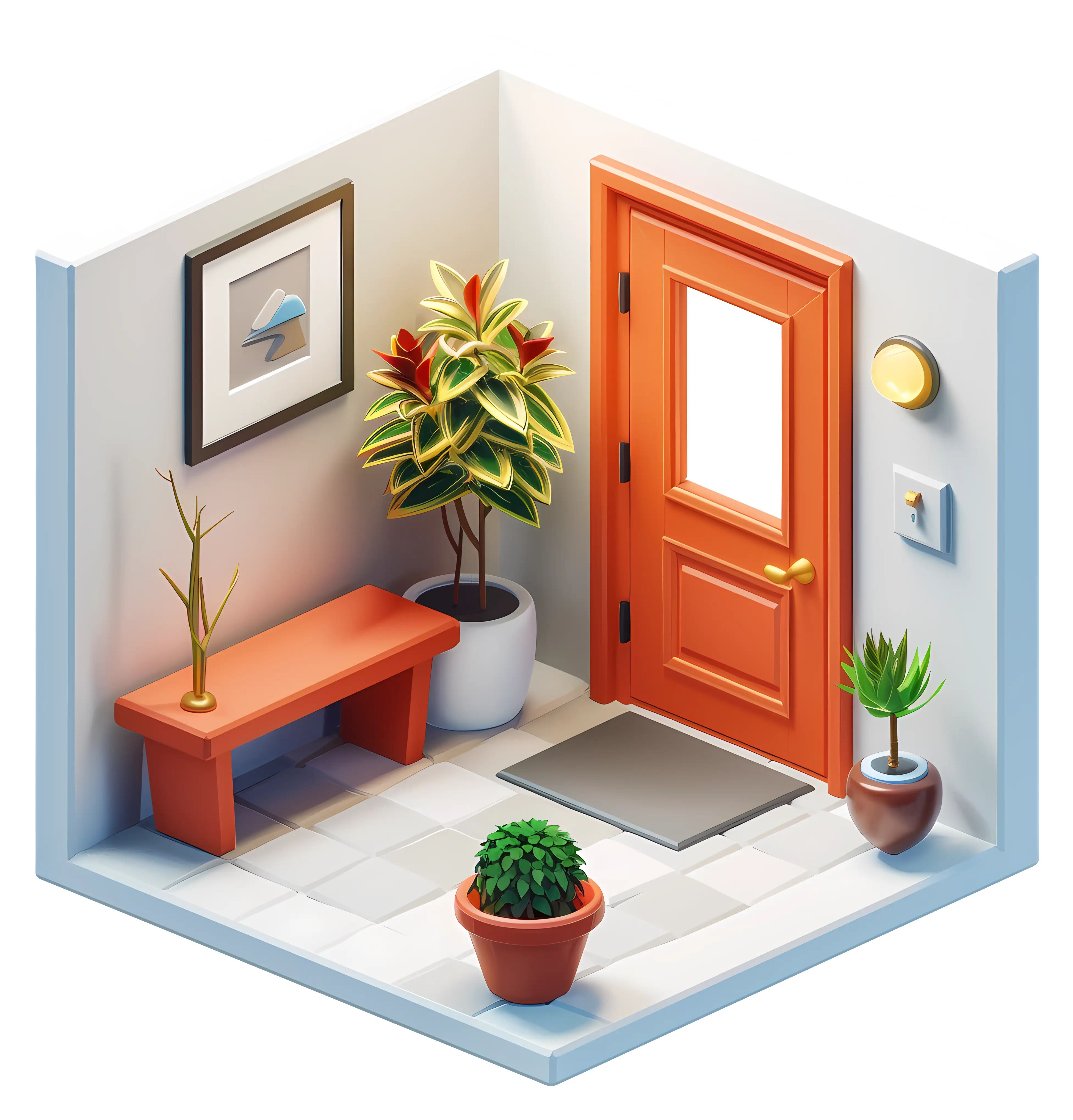 Red Door with Bench and Plants in Cozy Corner