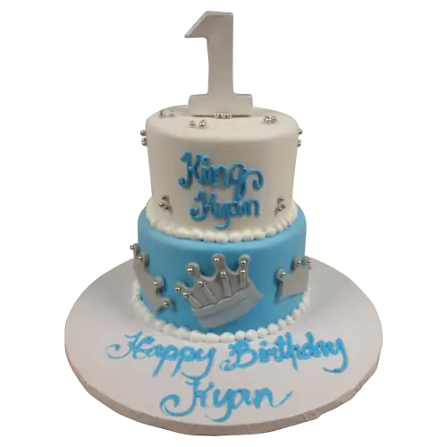 Blue and White Birthday Cake with Crown