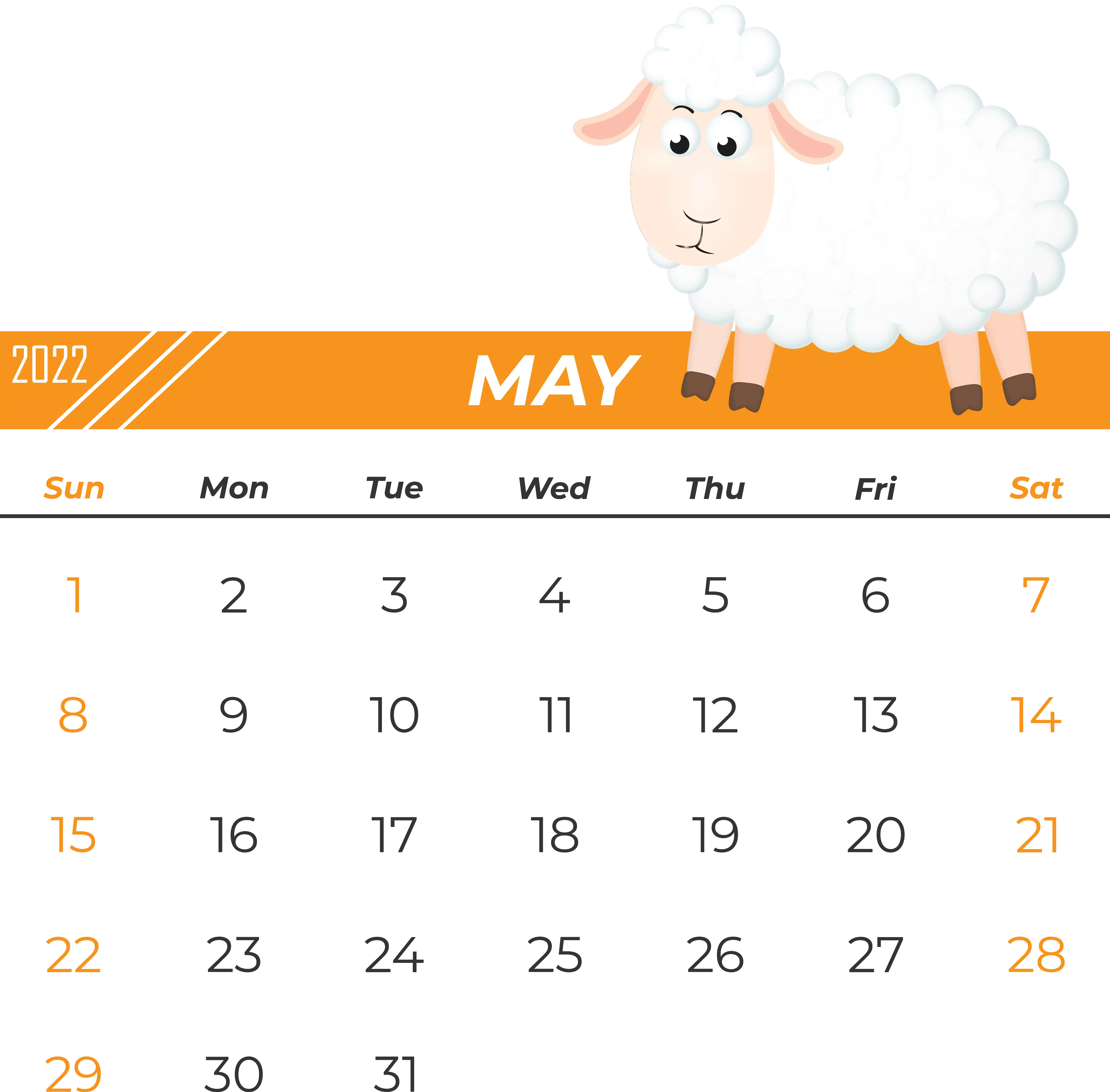 May 2022 Calendar with White Sheep Illustration