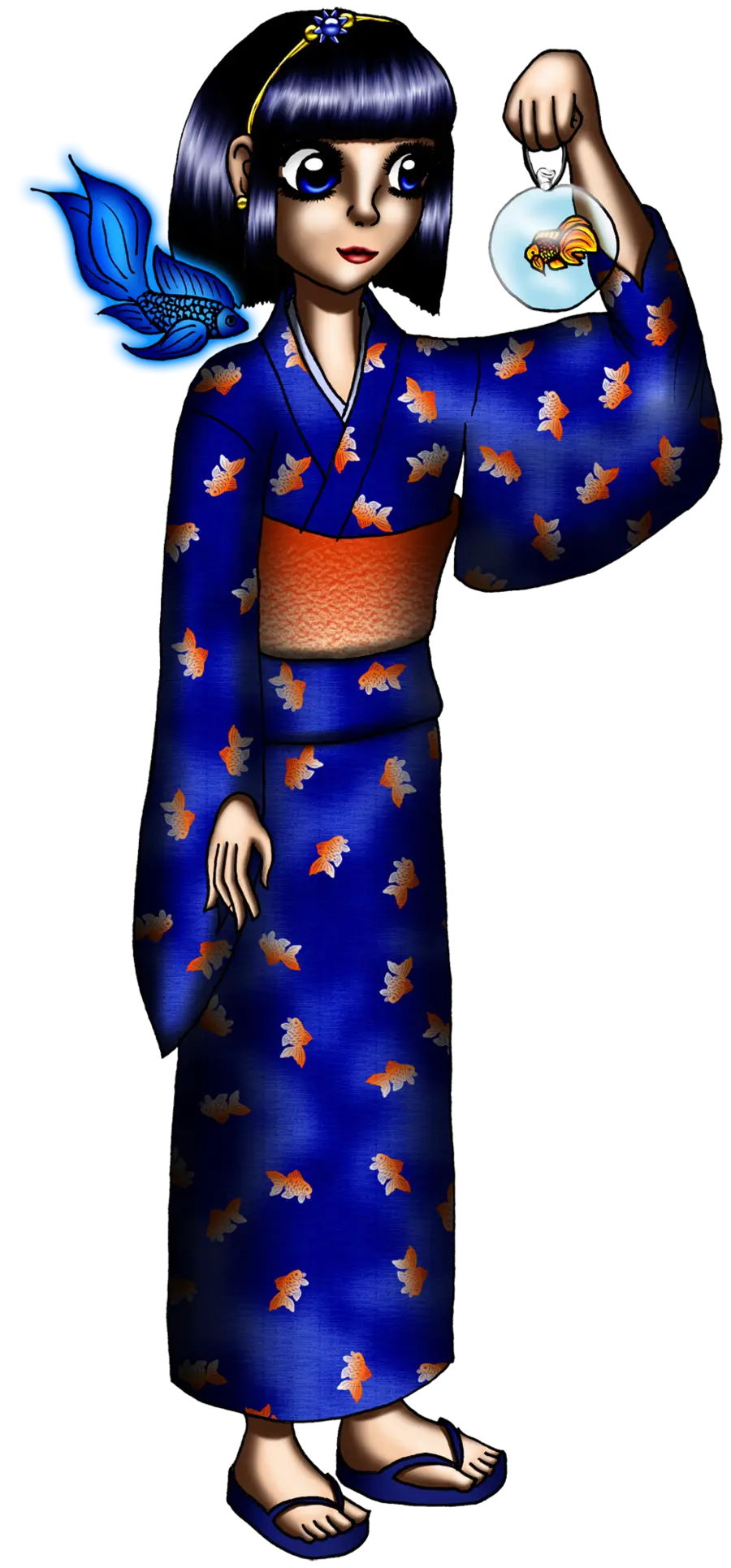 Girl in Kimono with Fish Illustration