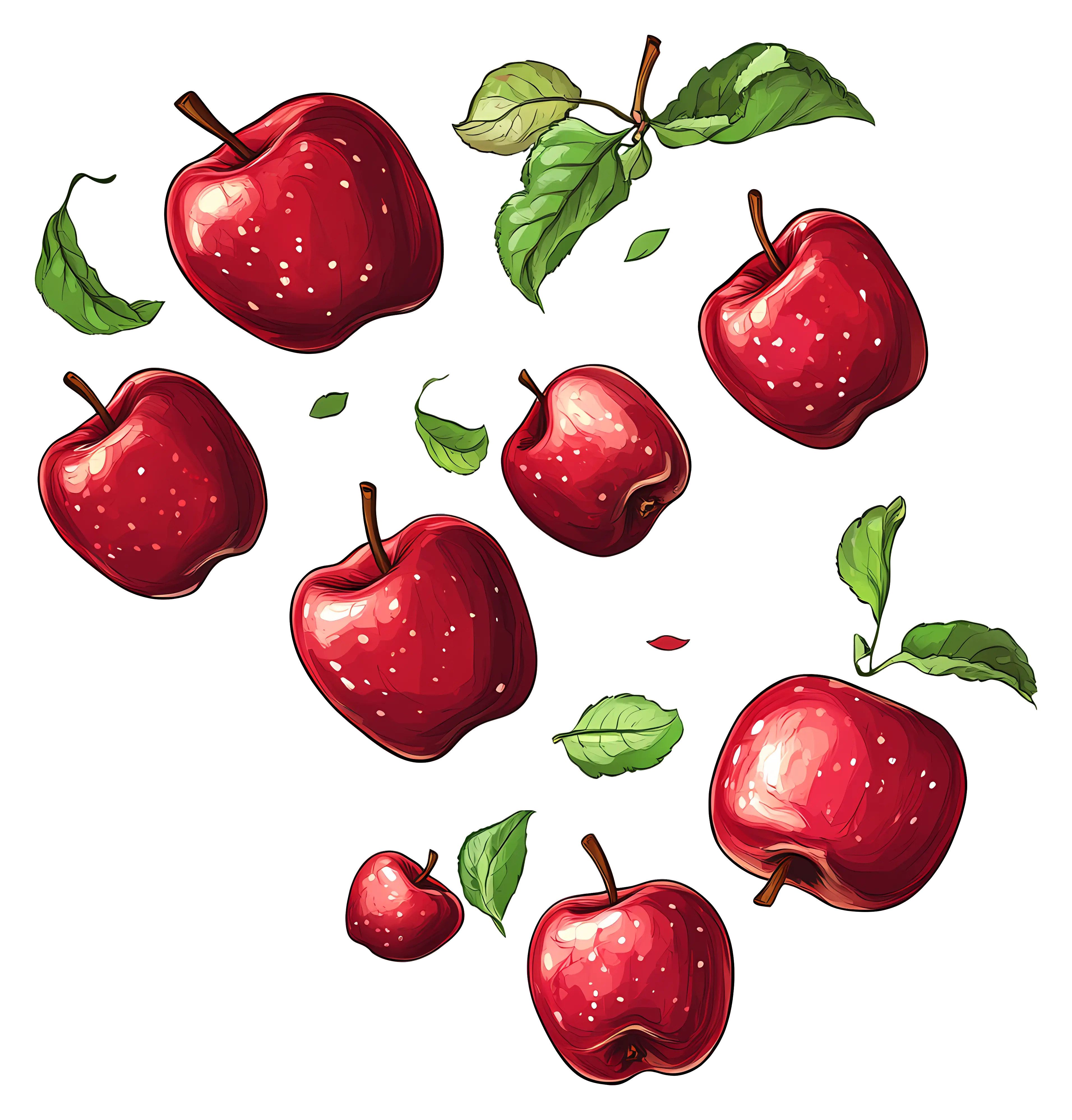 Floating Red Apples and Leaves Illustration