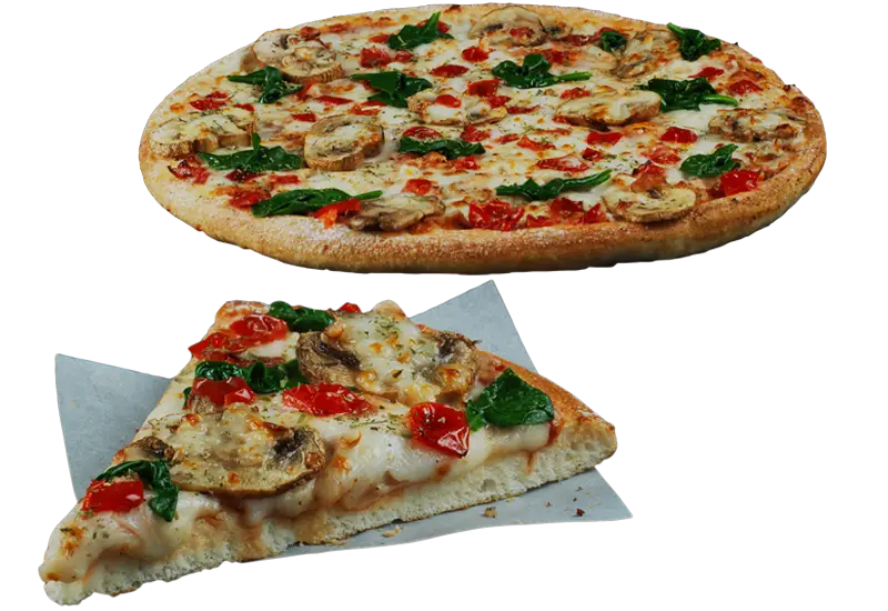 Whole Pizza and Slice of Delicious Topped Pizza