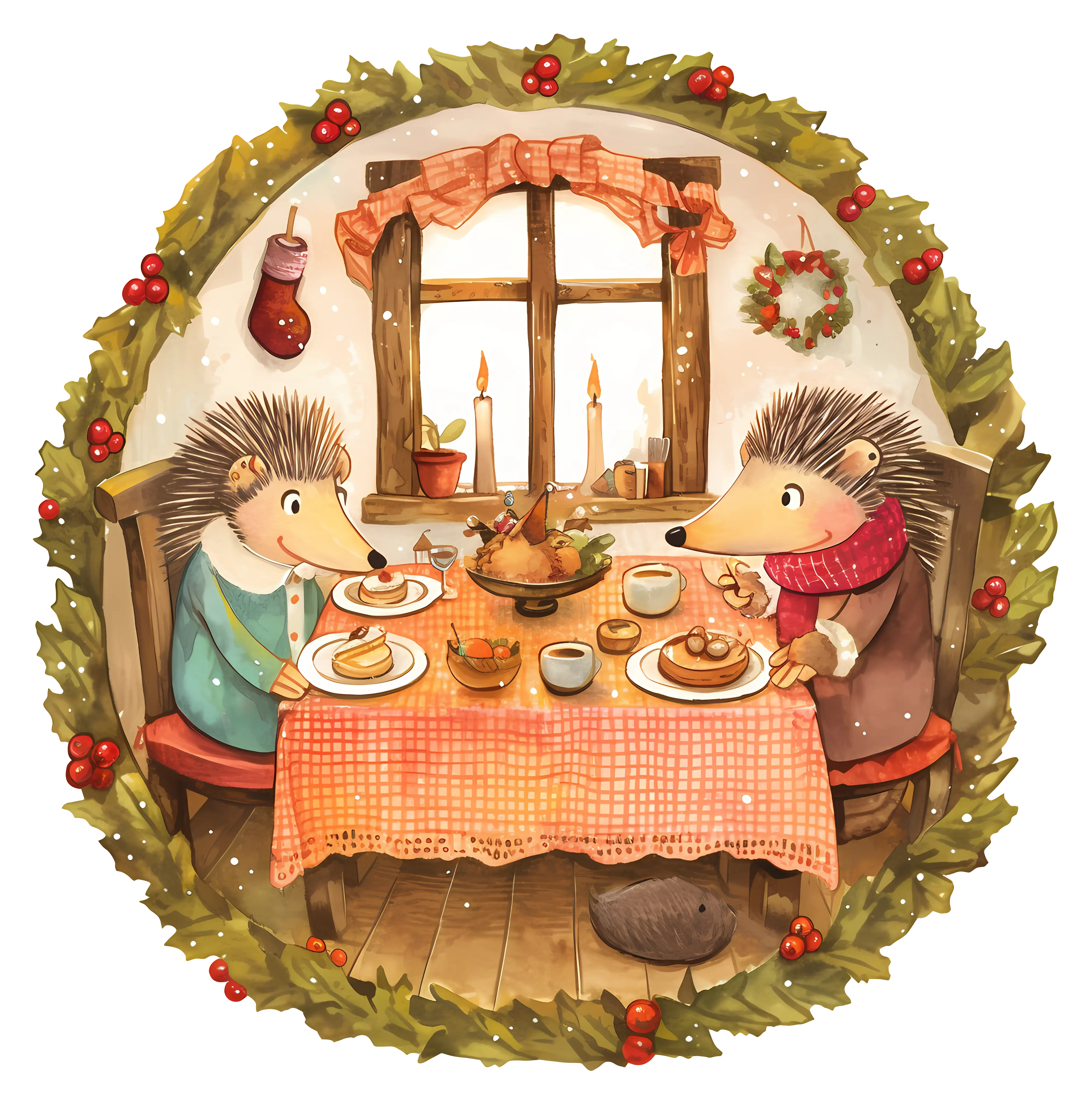 Hedgehogs Dining in Festive Setting