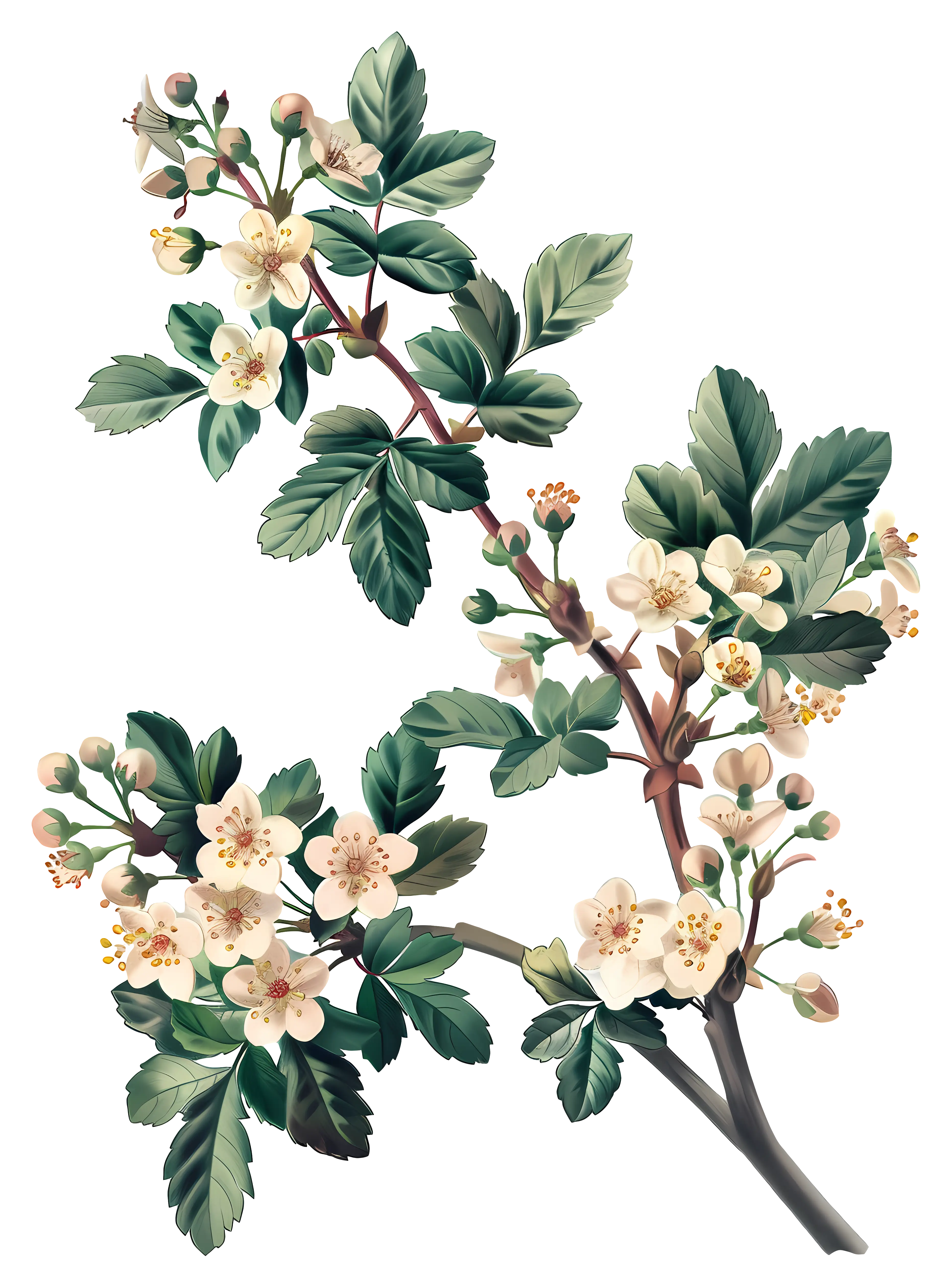 Hawthorn Branch with White Flowers