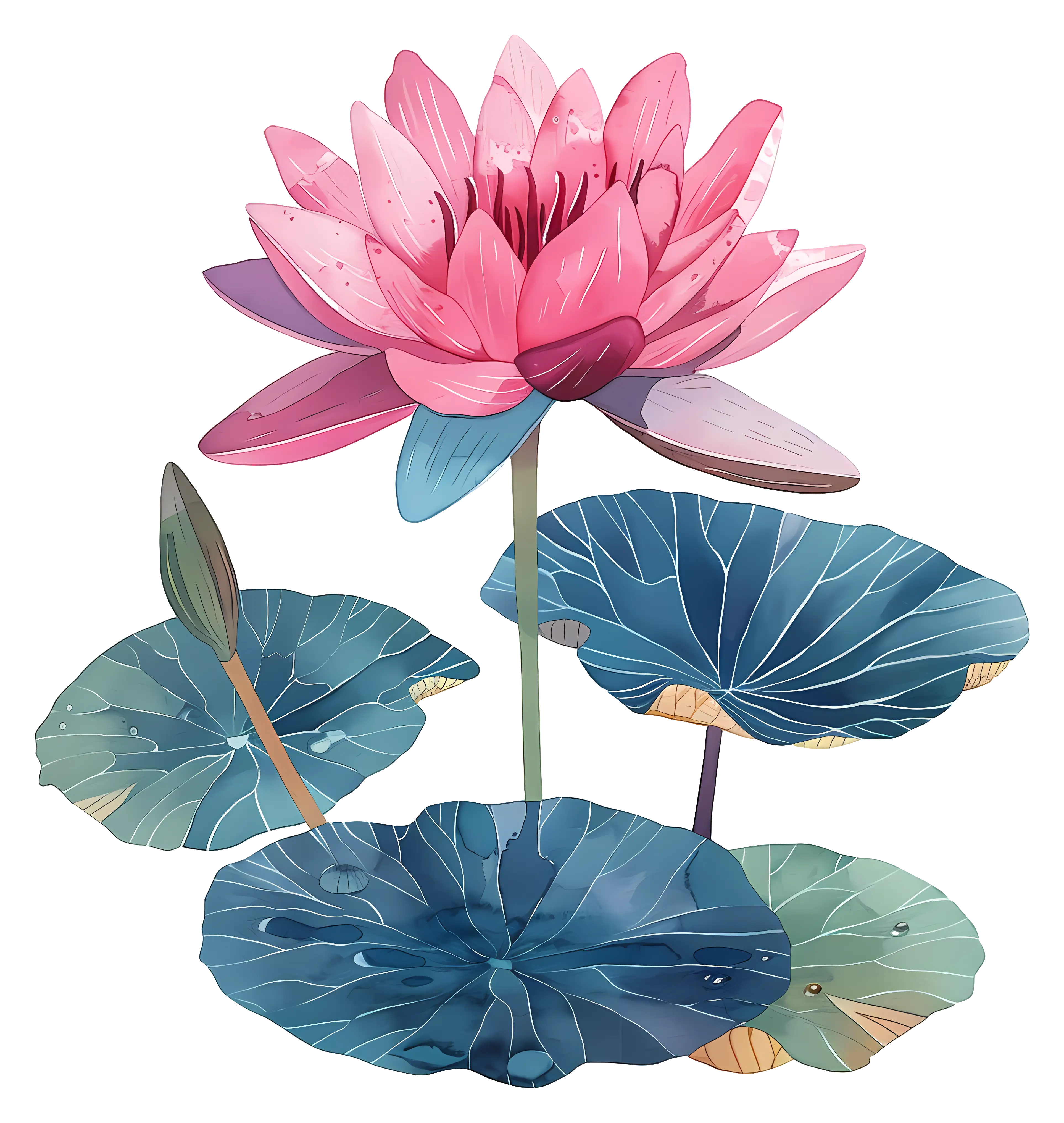 Pink Water Lily Illustration with Blue Lotus Leaves
