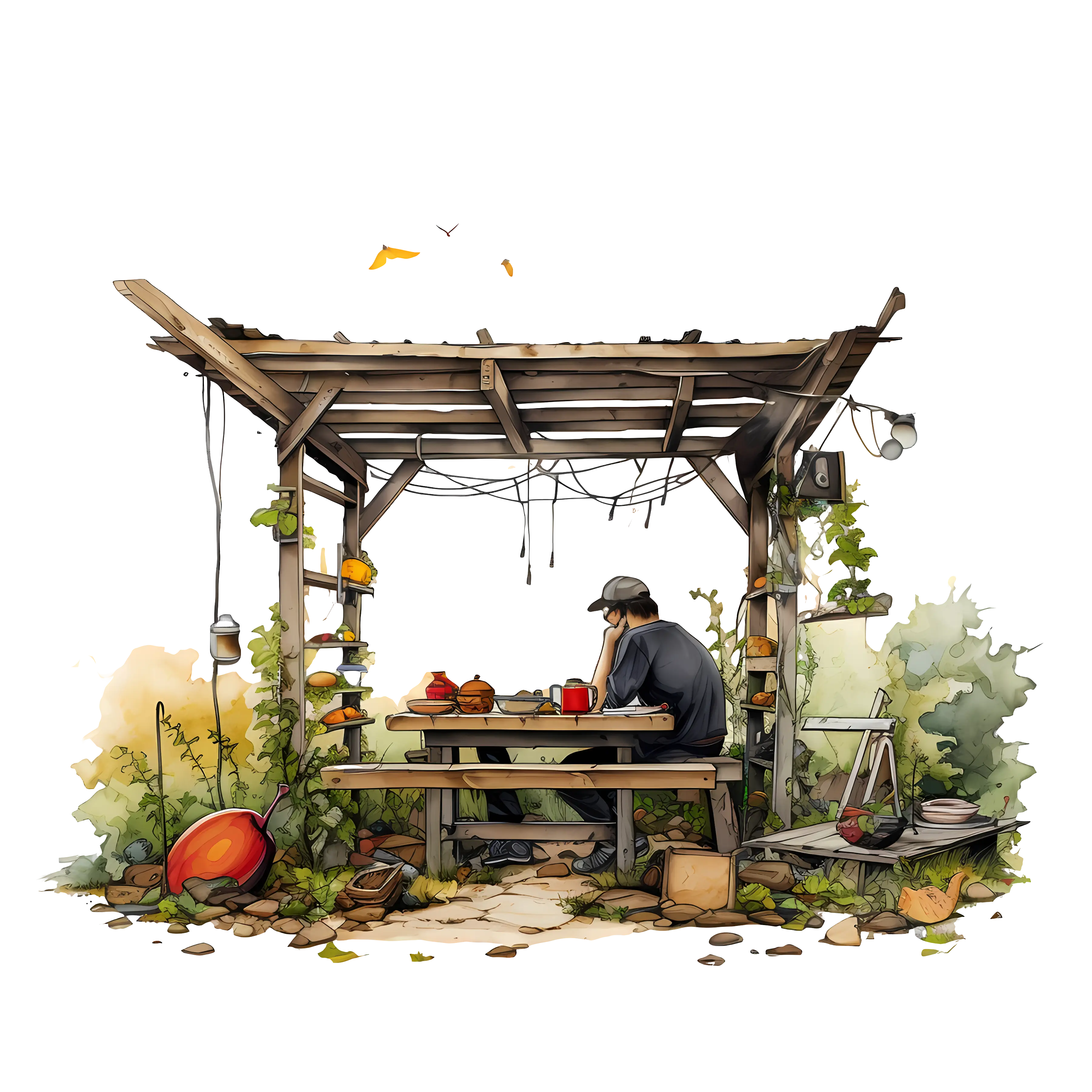 Man Relaxing in Garden Illustration