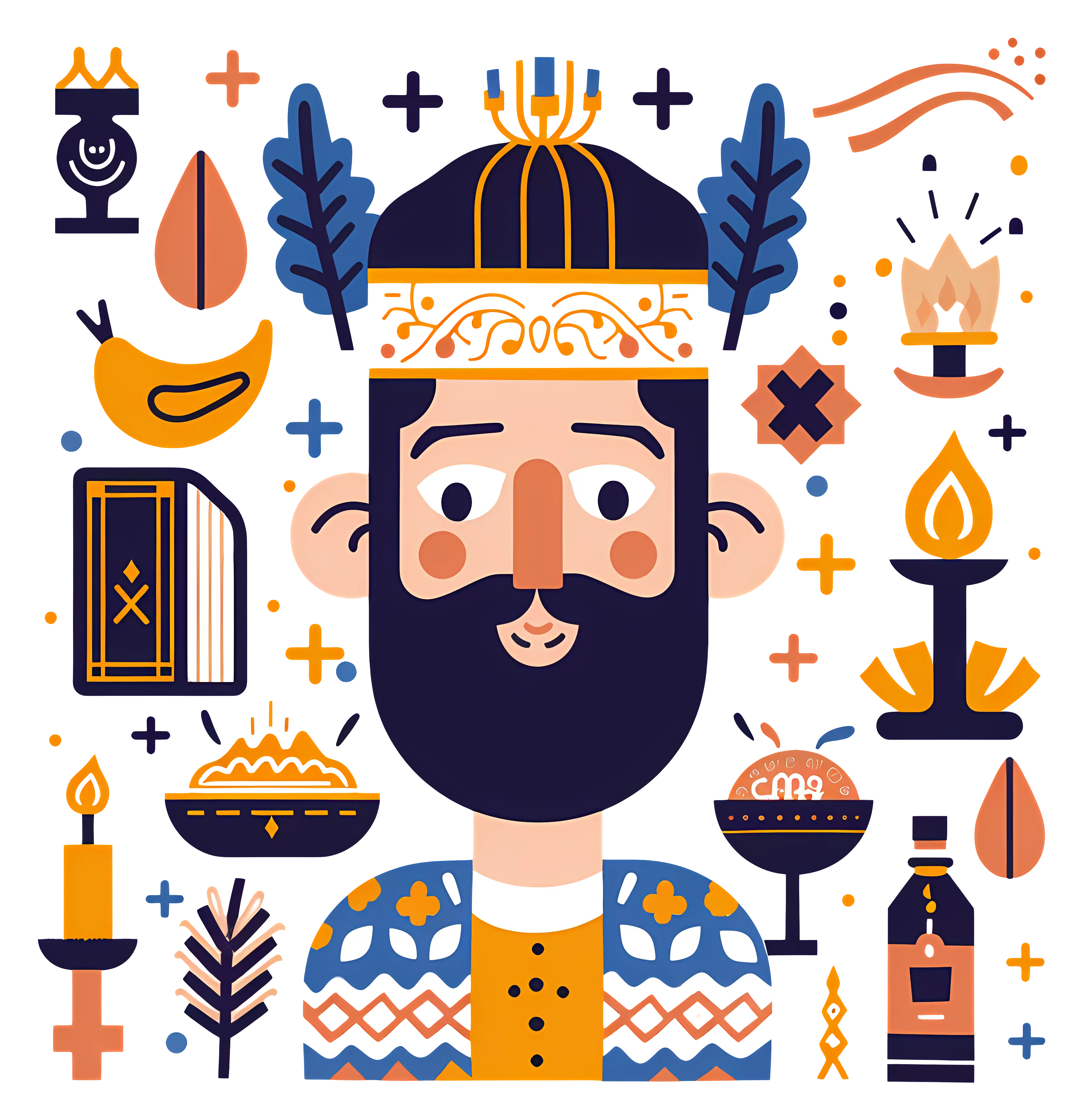 Illustrated Man with Crown and Decorative Elements