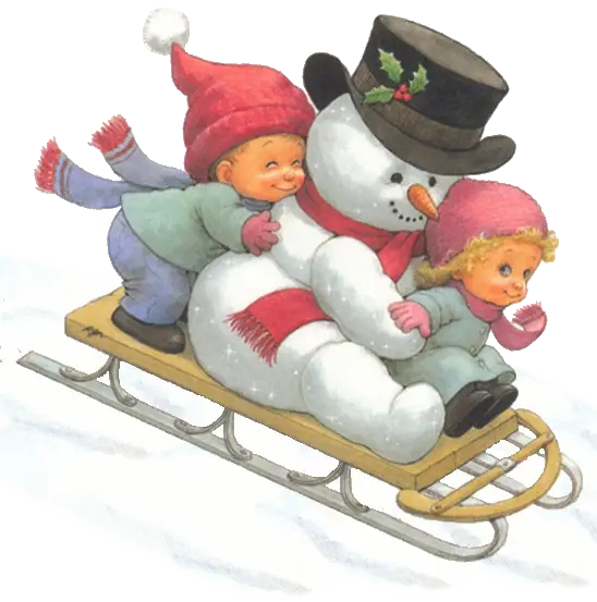 Children Sledding with Snowman
