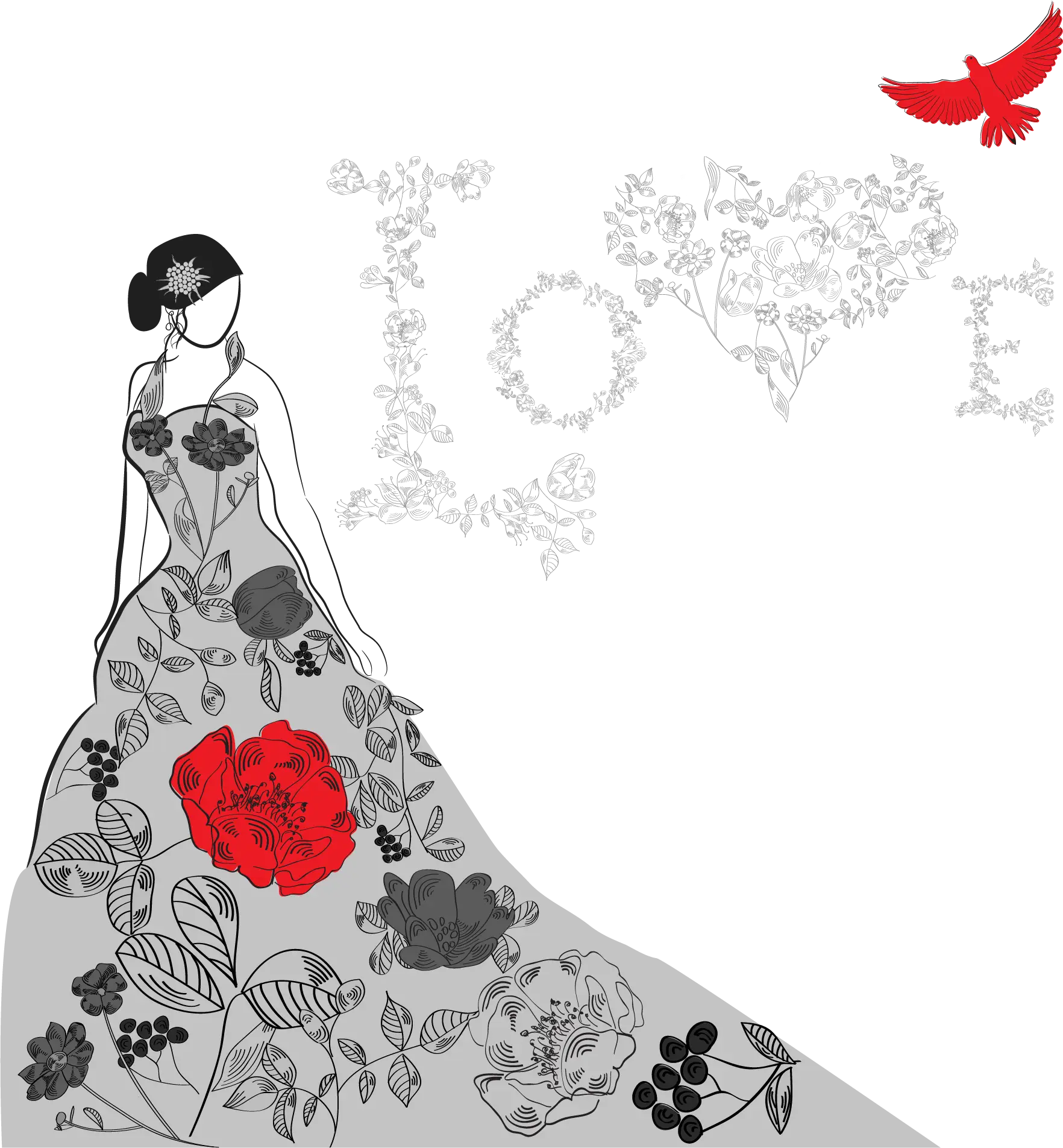 Elegant Floral Dress with Red Rose