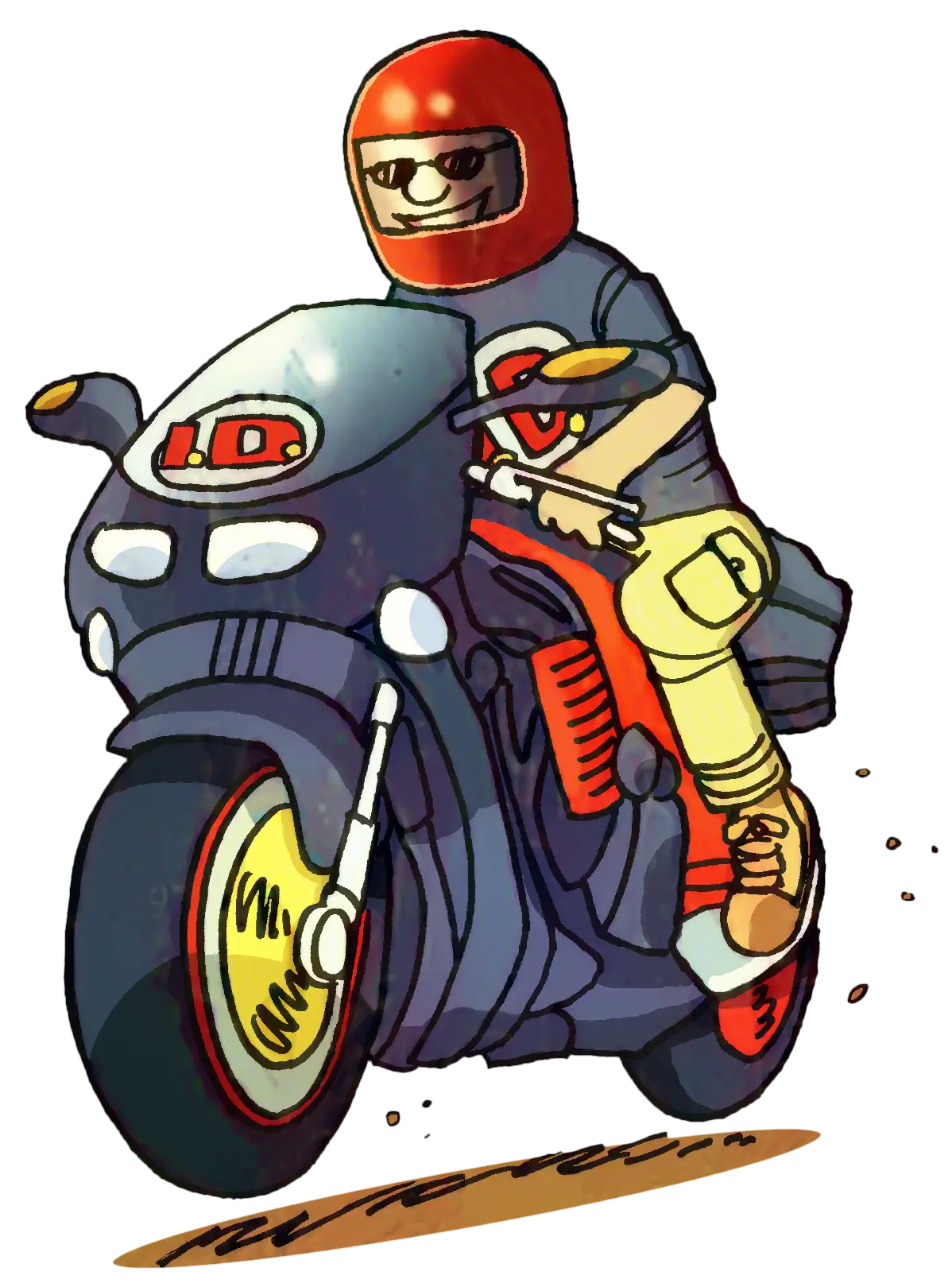 Cartoon Illustration of an Adventurous Motorcyclist