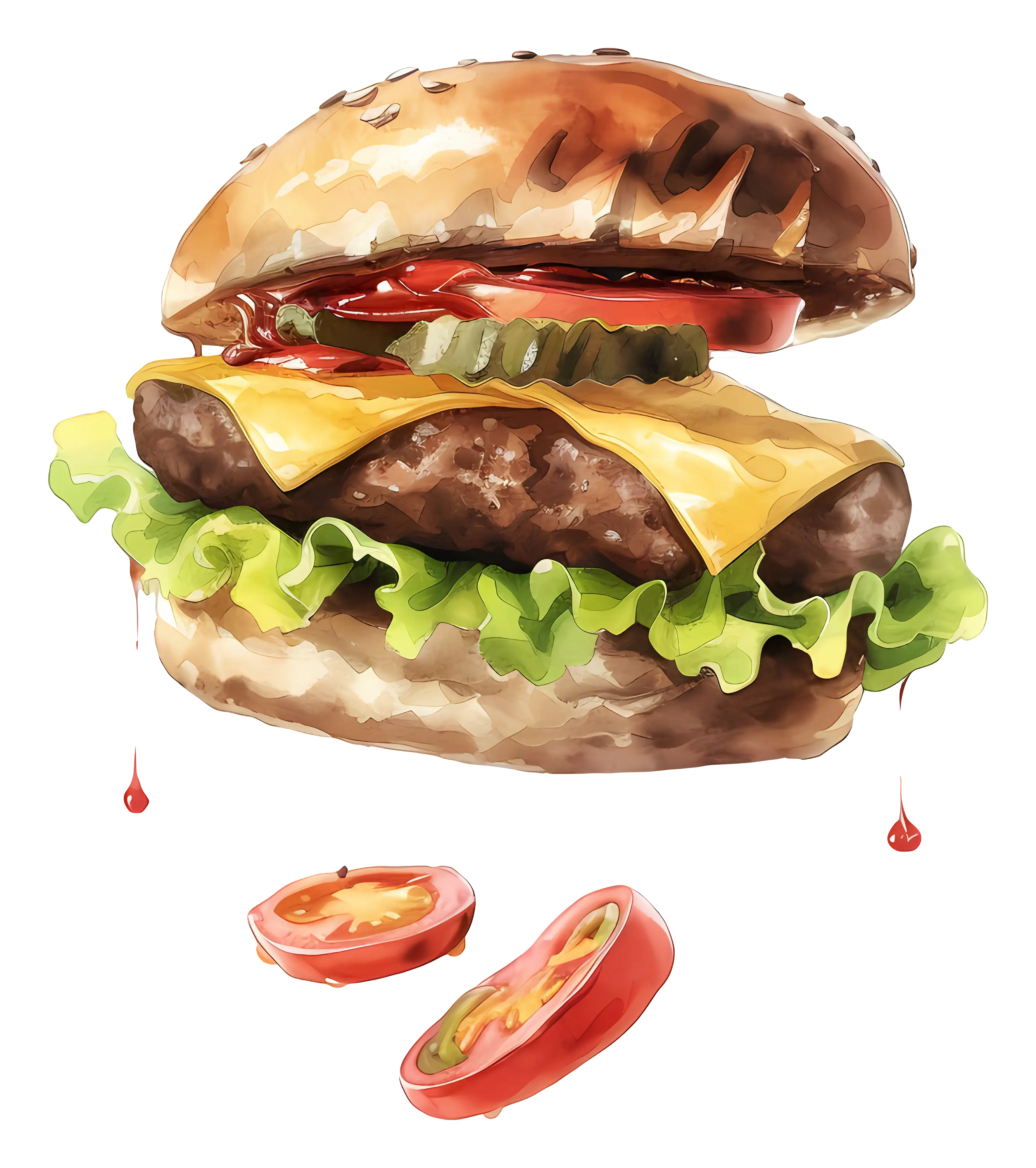 Watercolor Cheeseburger Painting with Fresh Ingredients