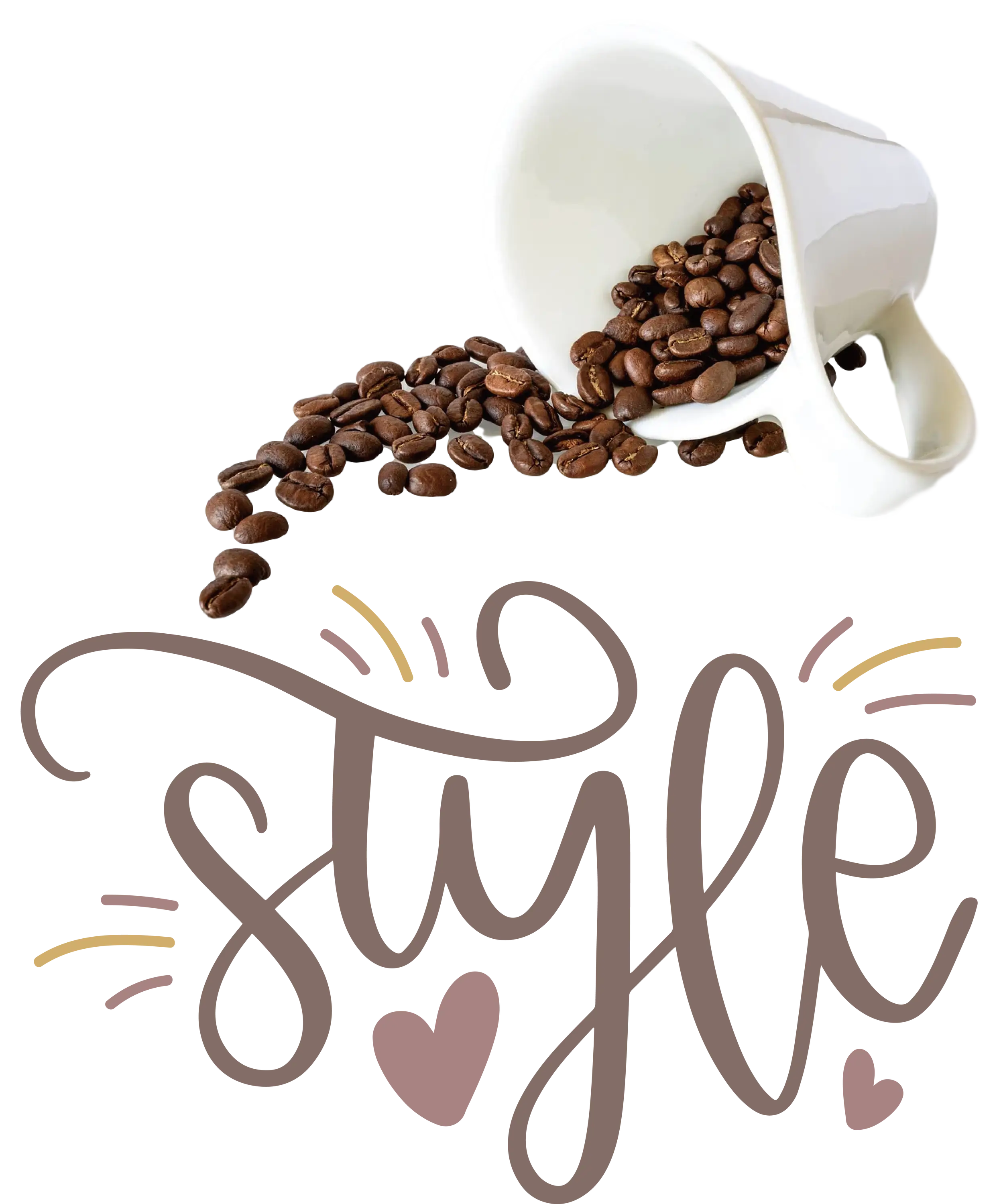Coffee Beans Spilling from Cup with Style Text