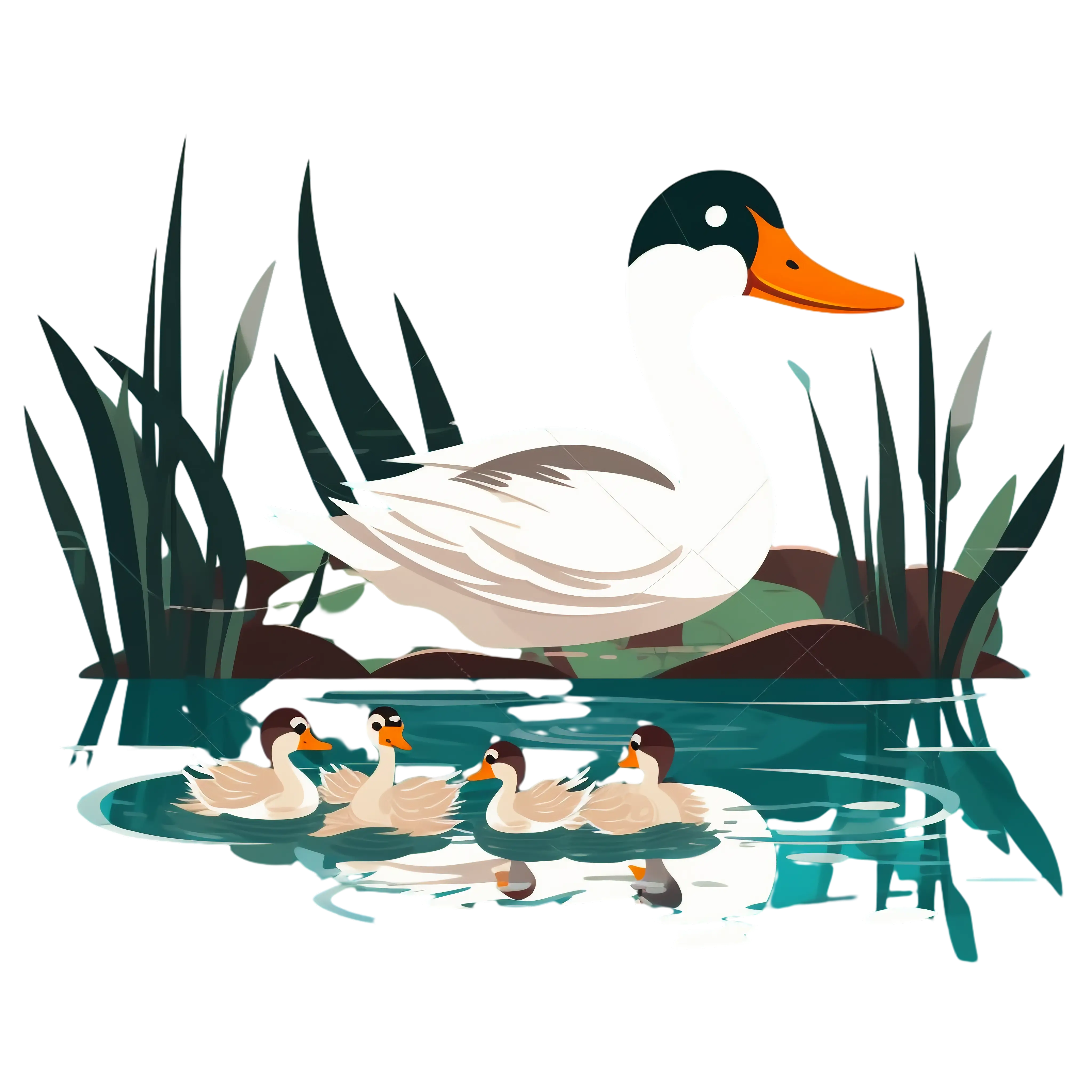 Duck and Ducklings in a Pond