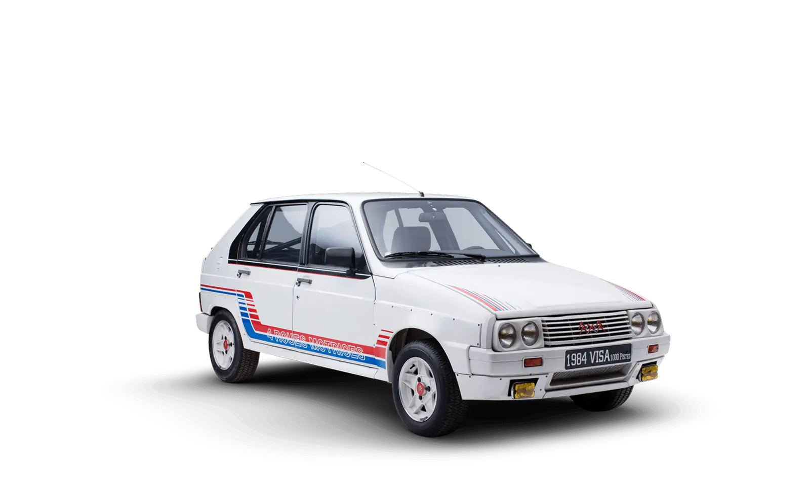 White Hatchback Car with Racing Stripes