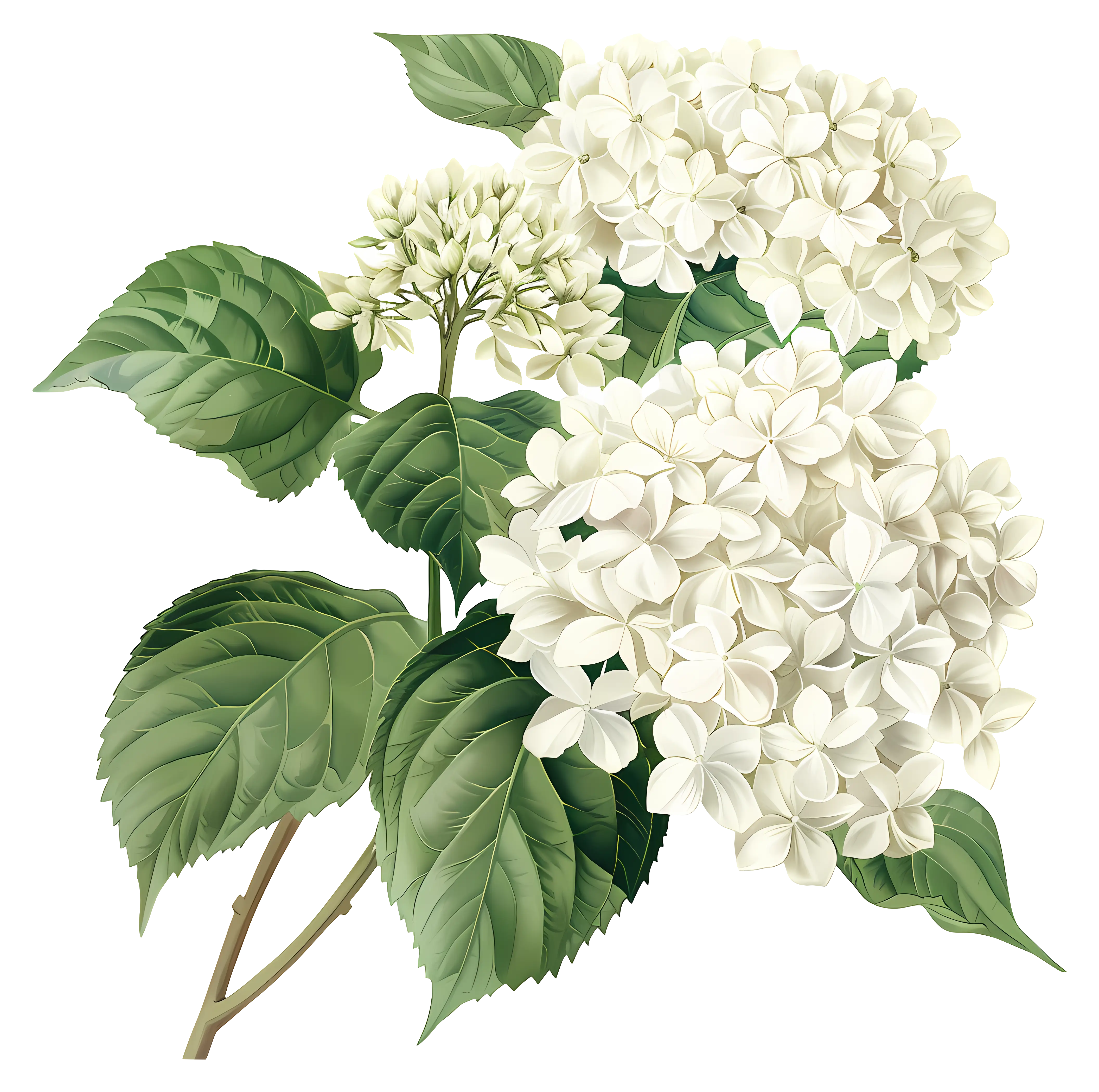 White Hydrangea Flowers with Green Leaves