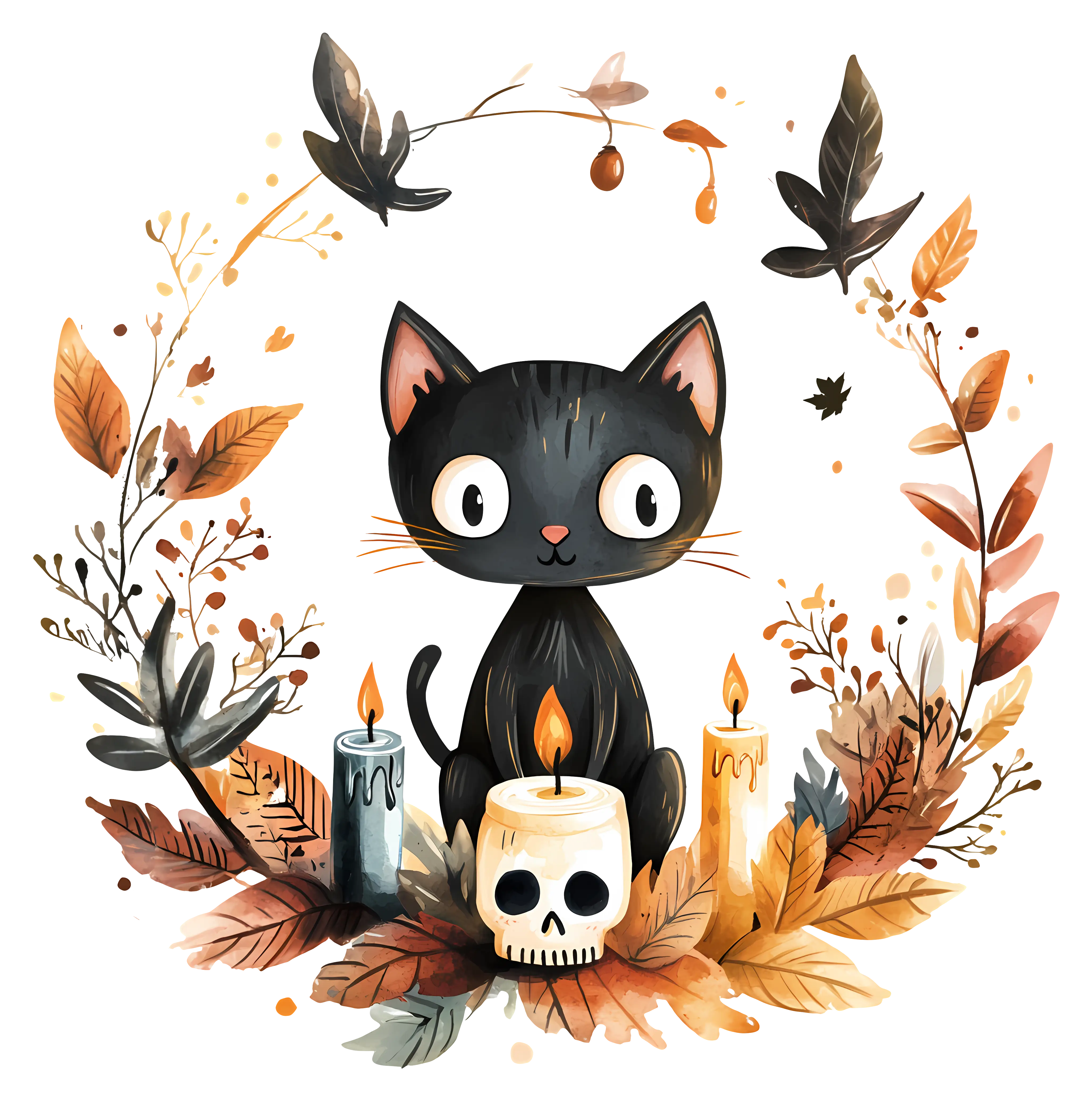 Black Cat with Halloween Decorative Elements