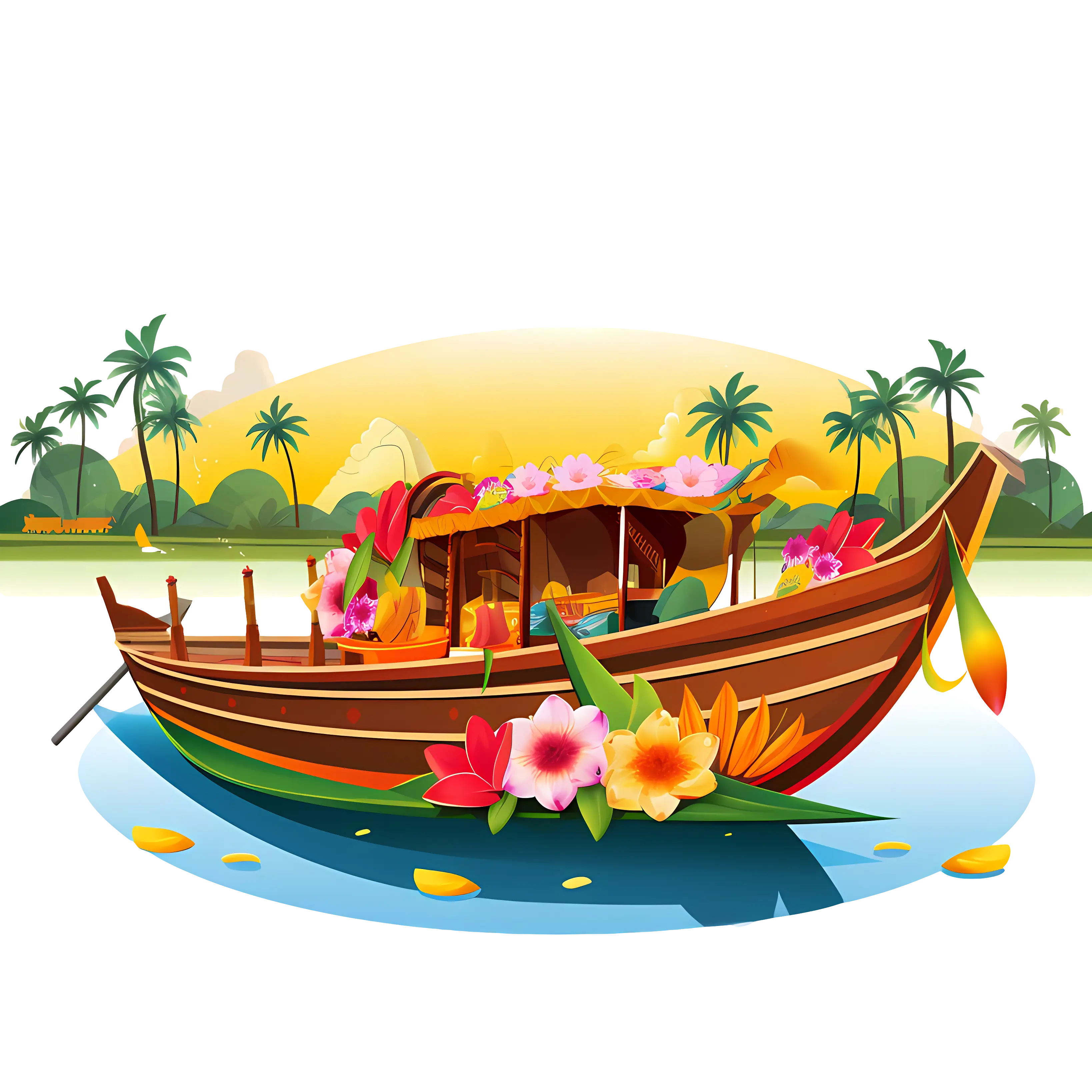 Flower-decorated Wooden Boat in Scenic Landscape