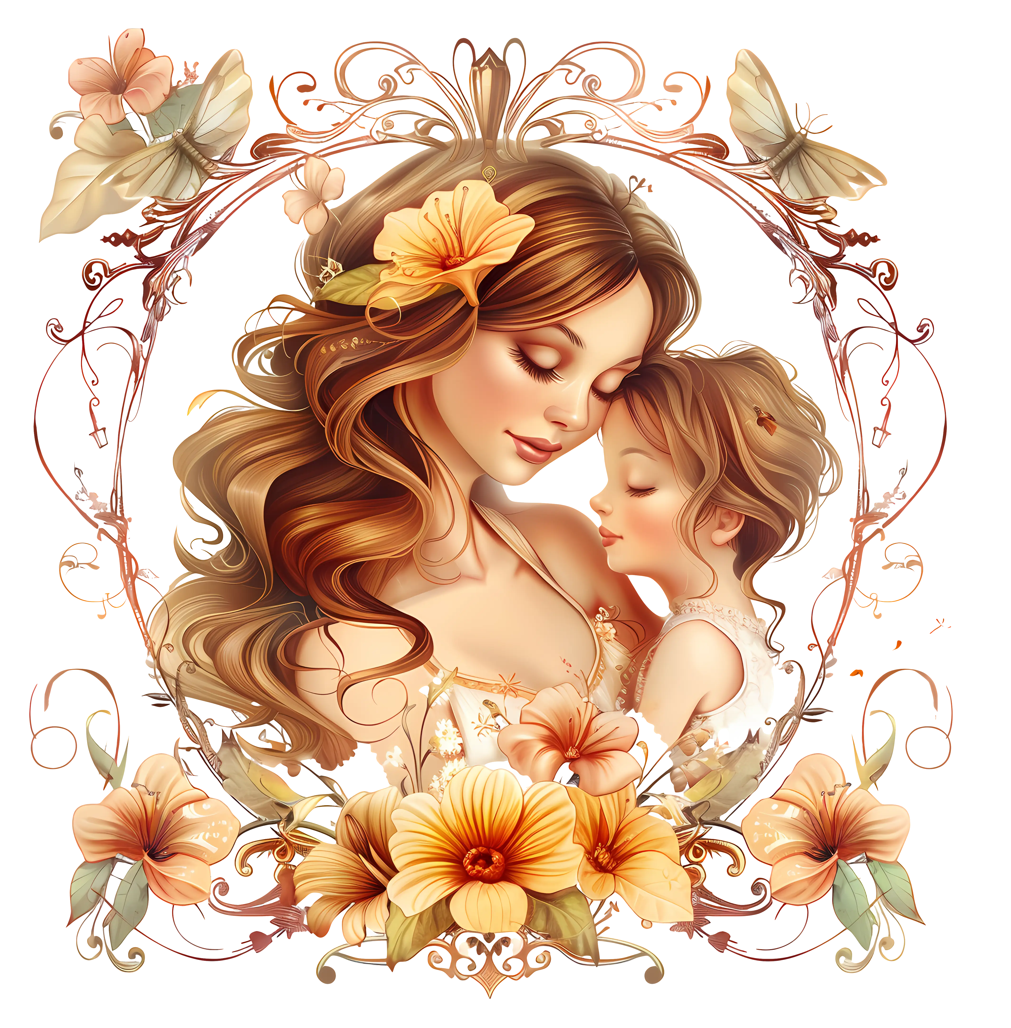 Mother and Child with Floral Frame Illustration