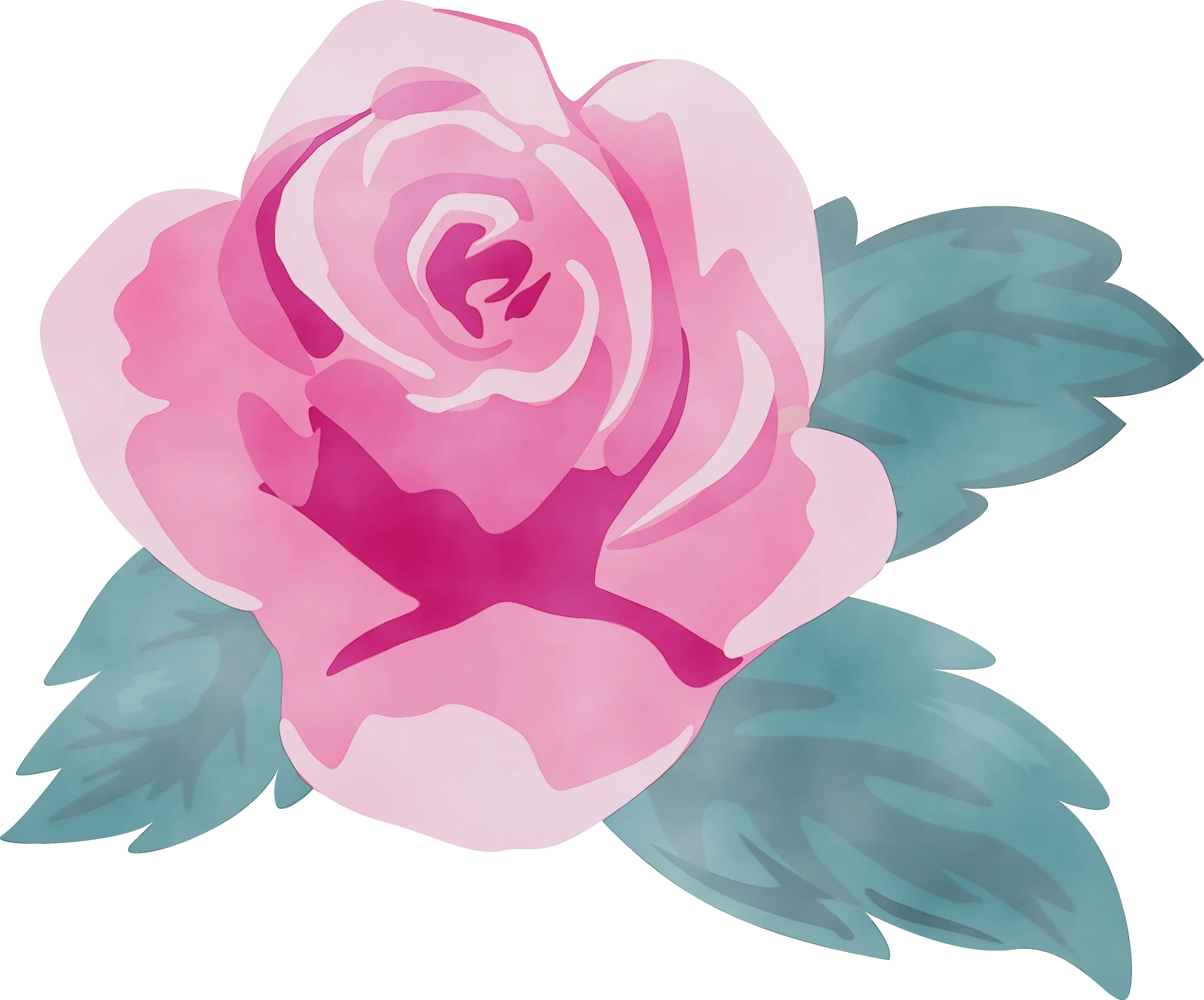 Illustrated Pink Rose with Green Leaves