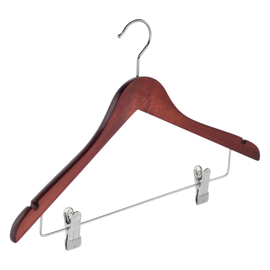 Wooden Hanger with Metal Clips for Clothes