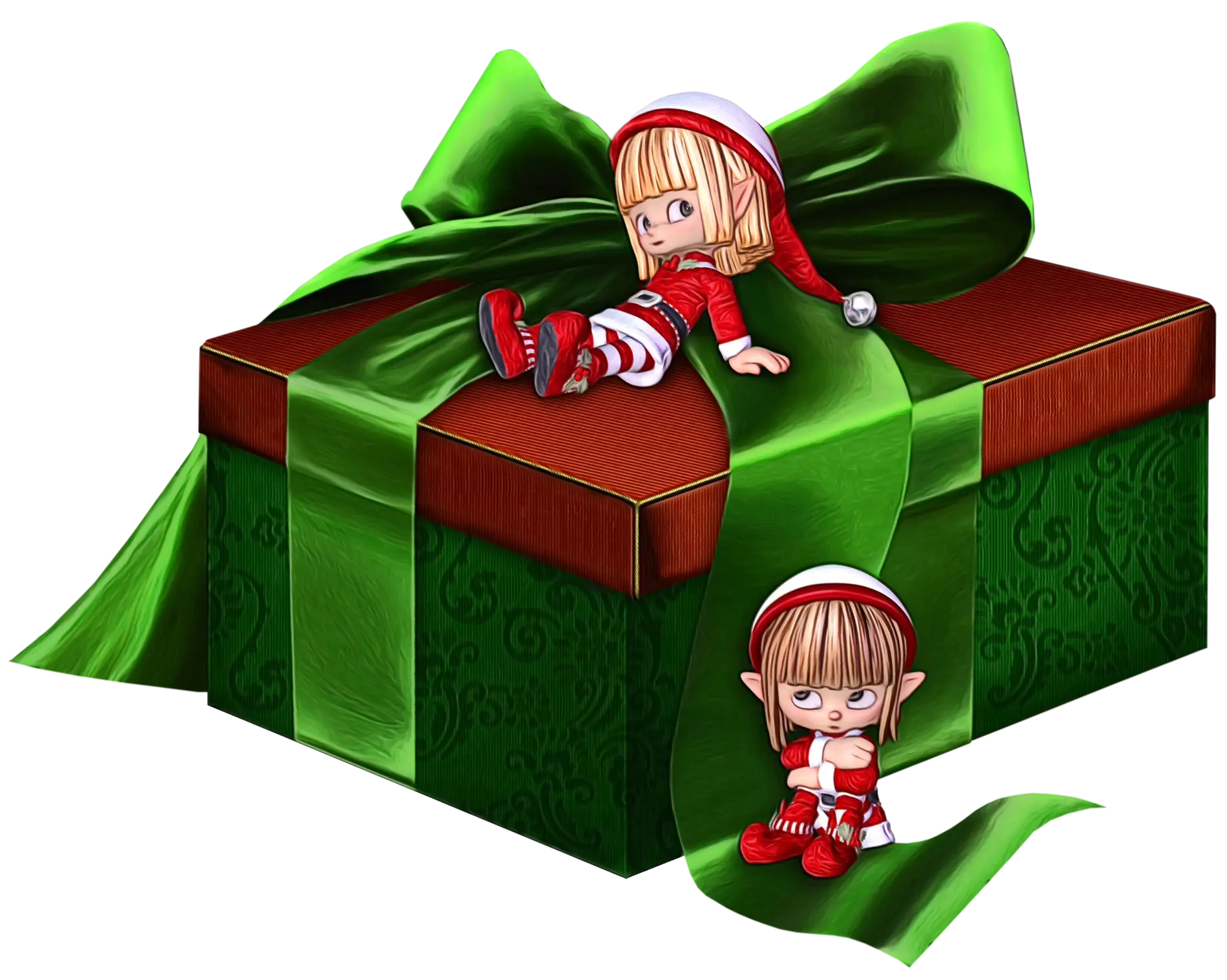 Christmas Gift Box with Elves and Green Ribbon