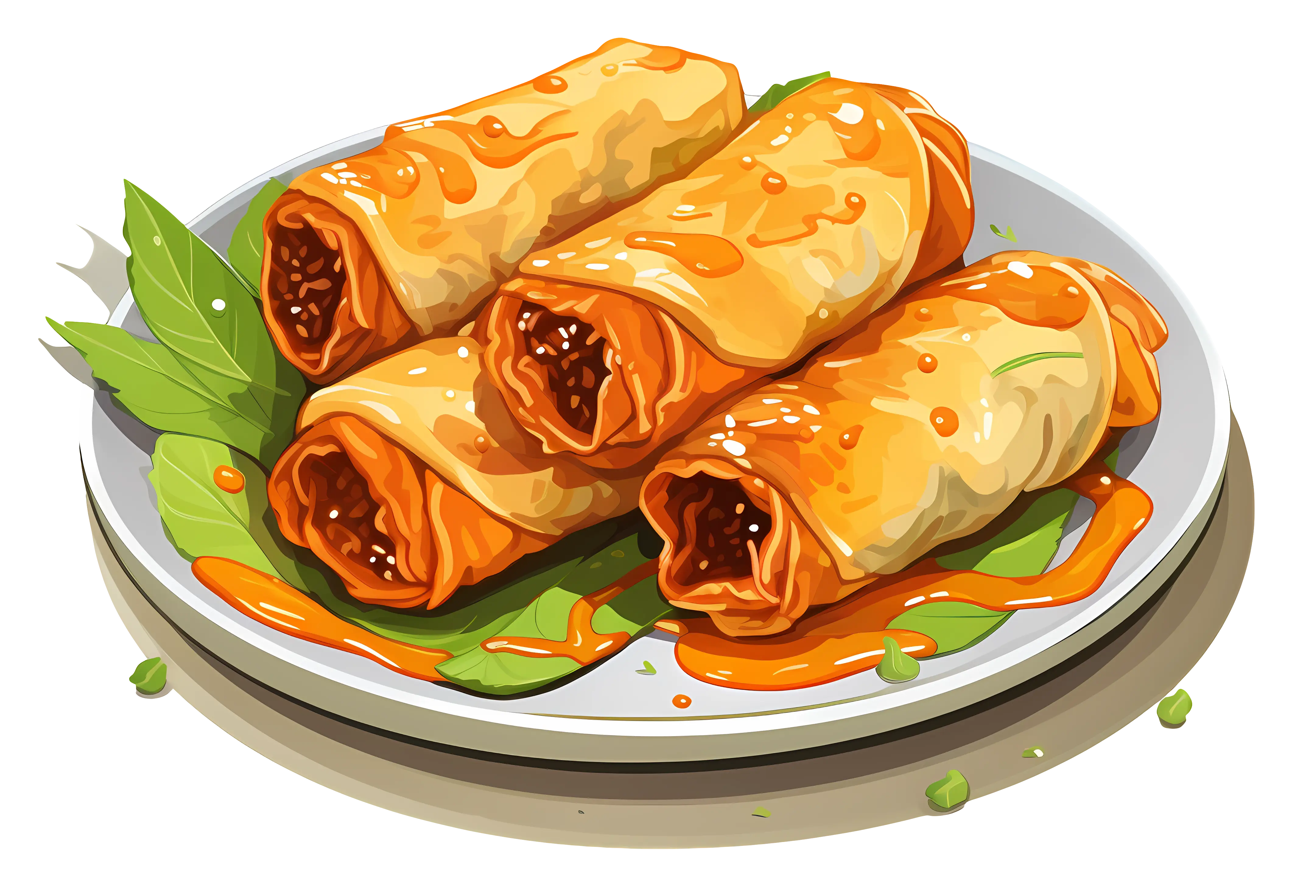 Plate of Spring Rolls with Sauce and Garnish