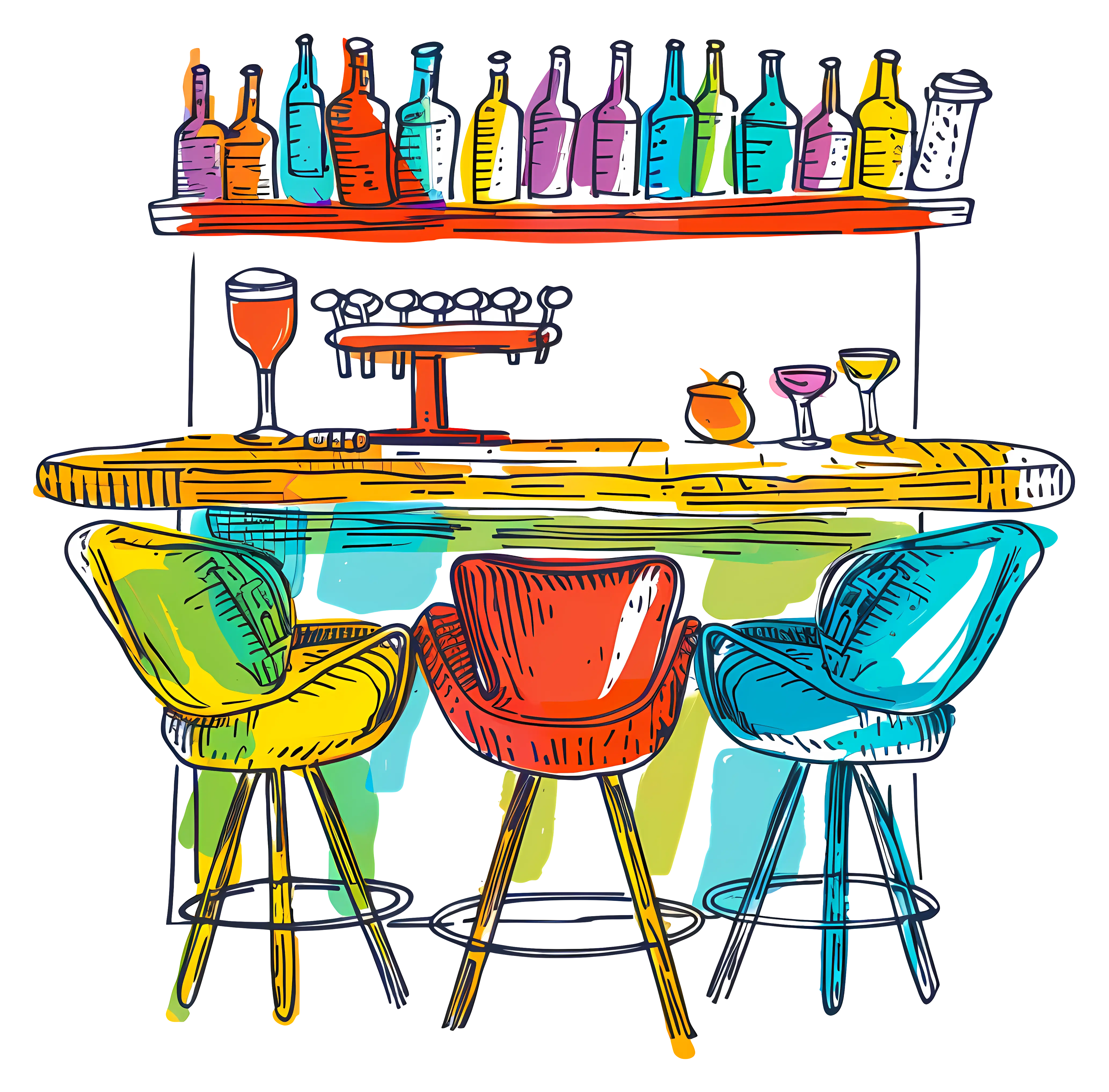 Colorful Bar Interior with Drinks and Stools