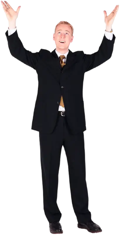 Excited Man in Suit Raising Arms