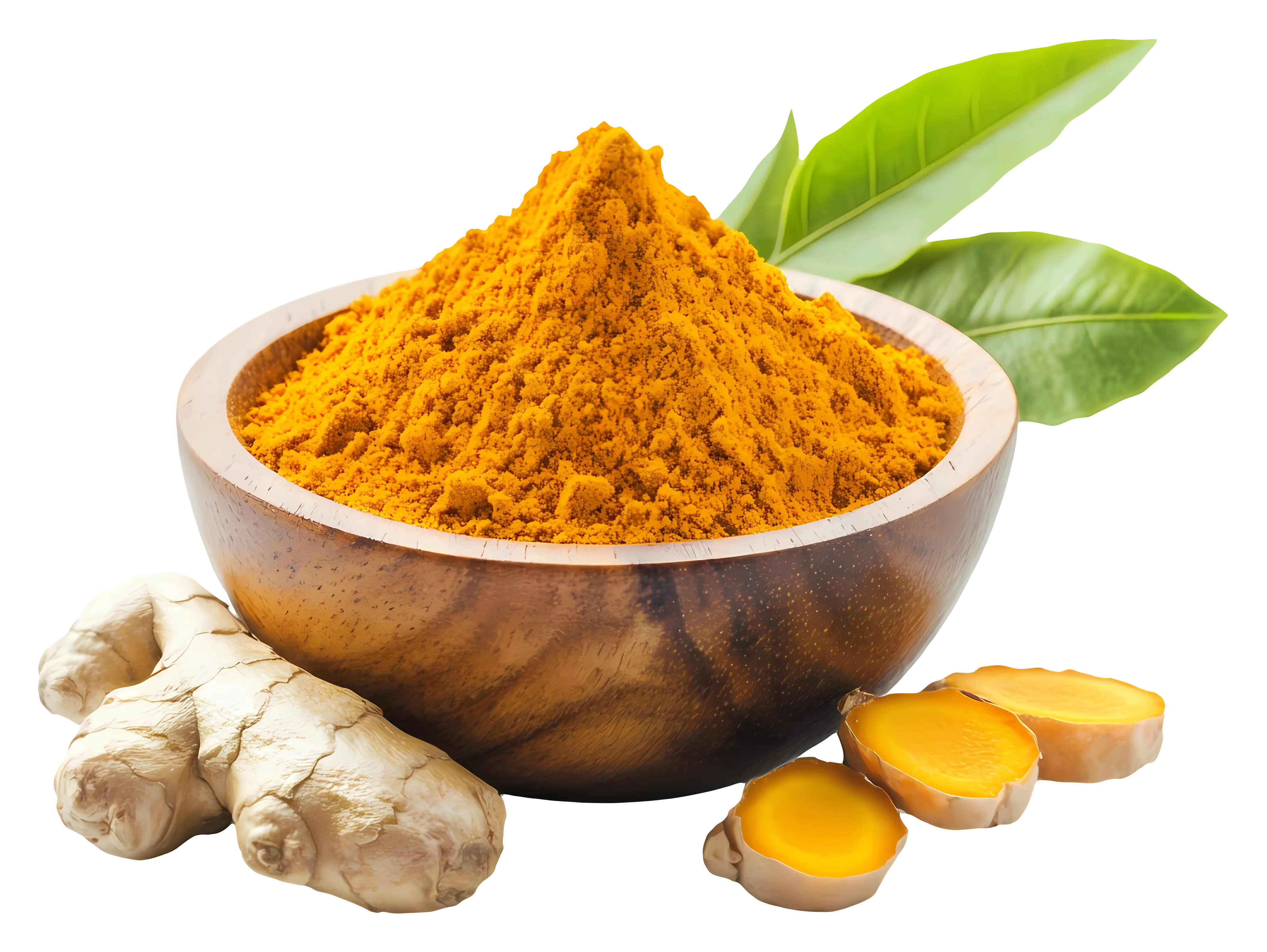 Turmeric Root and Powder in Wooden Bowl