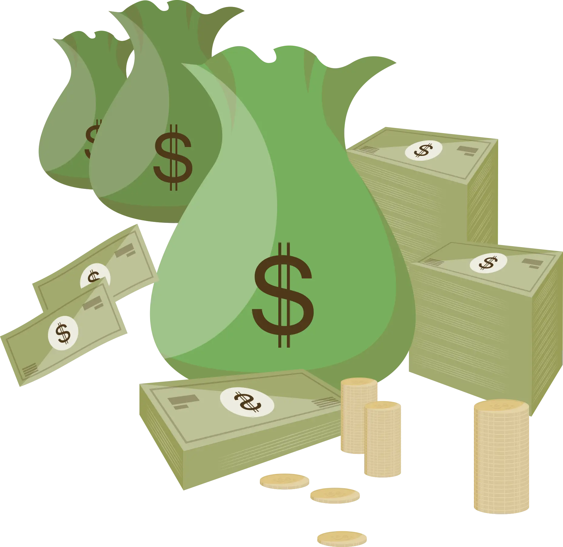 Green Money Bags and Cash