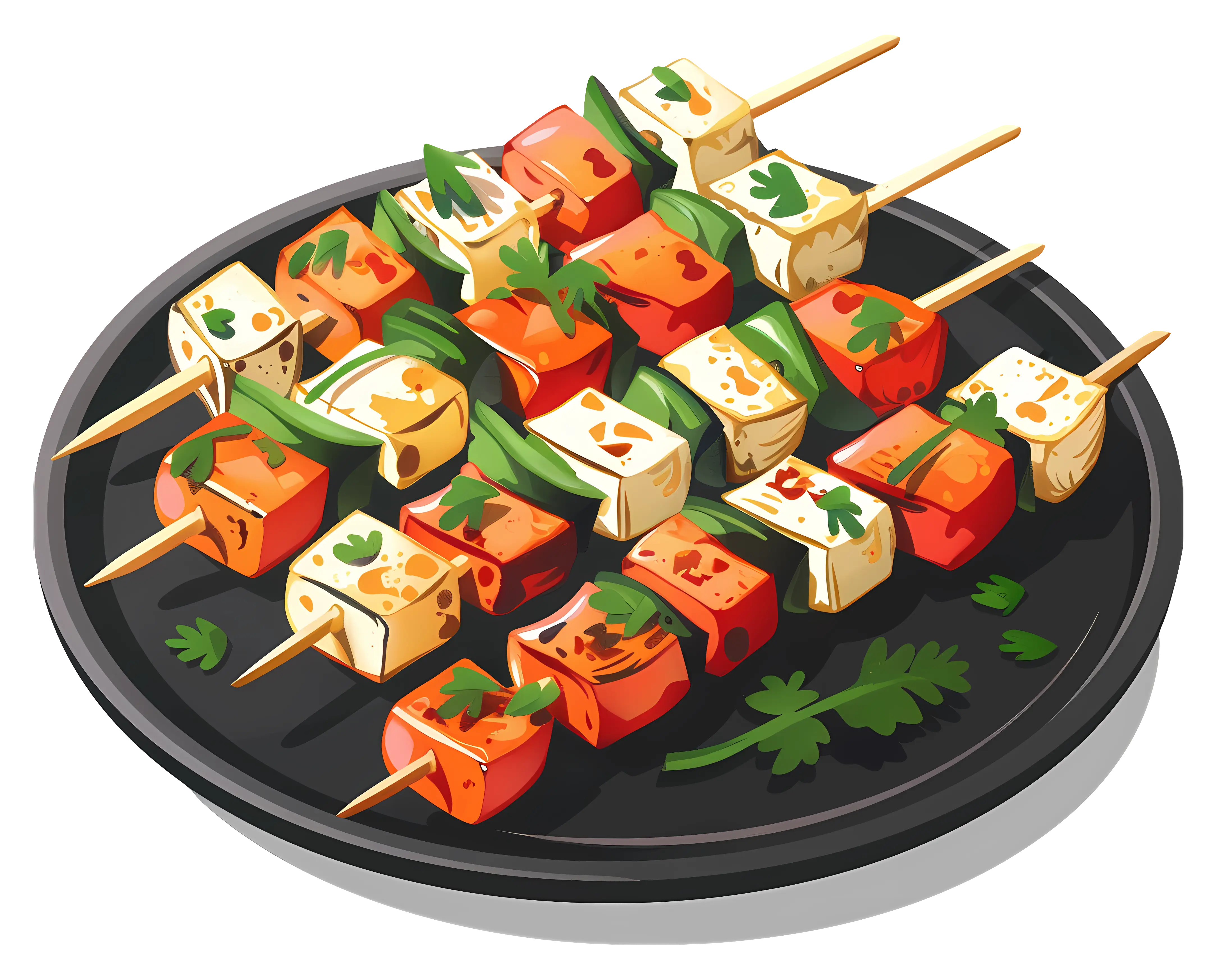 Colorful Vegetable Skewers on a Black Plate
