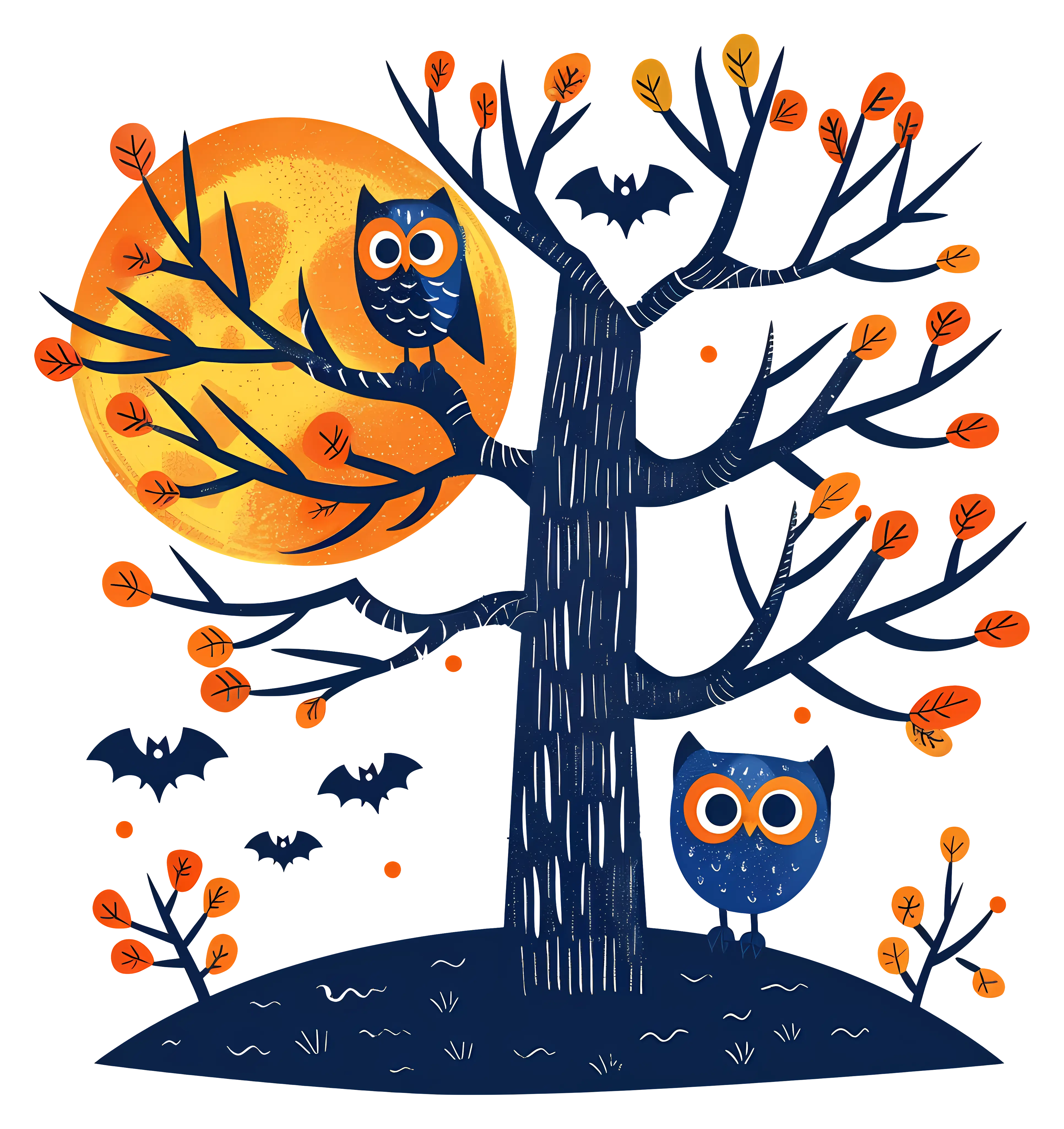Halloween Owl Illustration with Bats and Full Moon