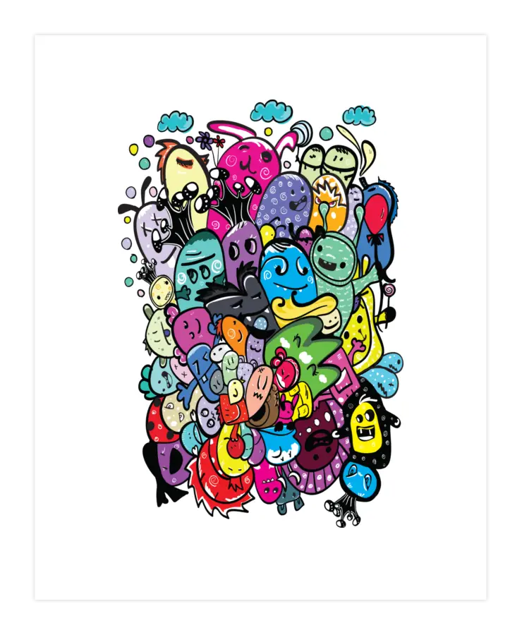 Colorful Doodle Art with Various Characters