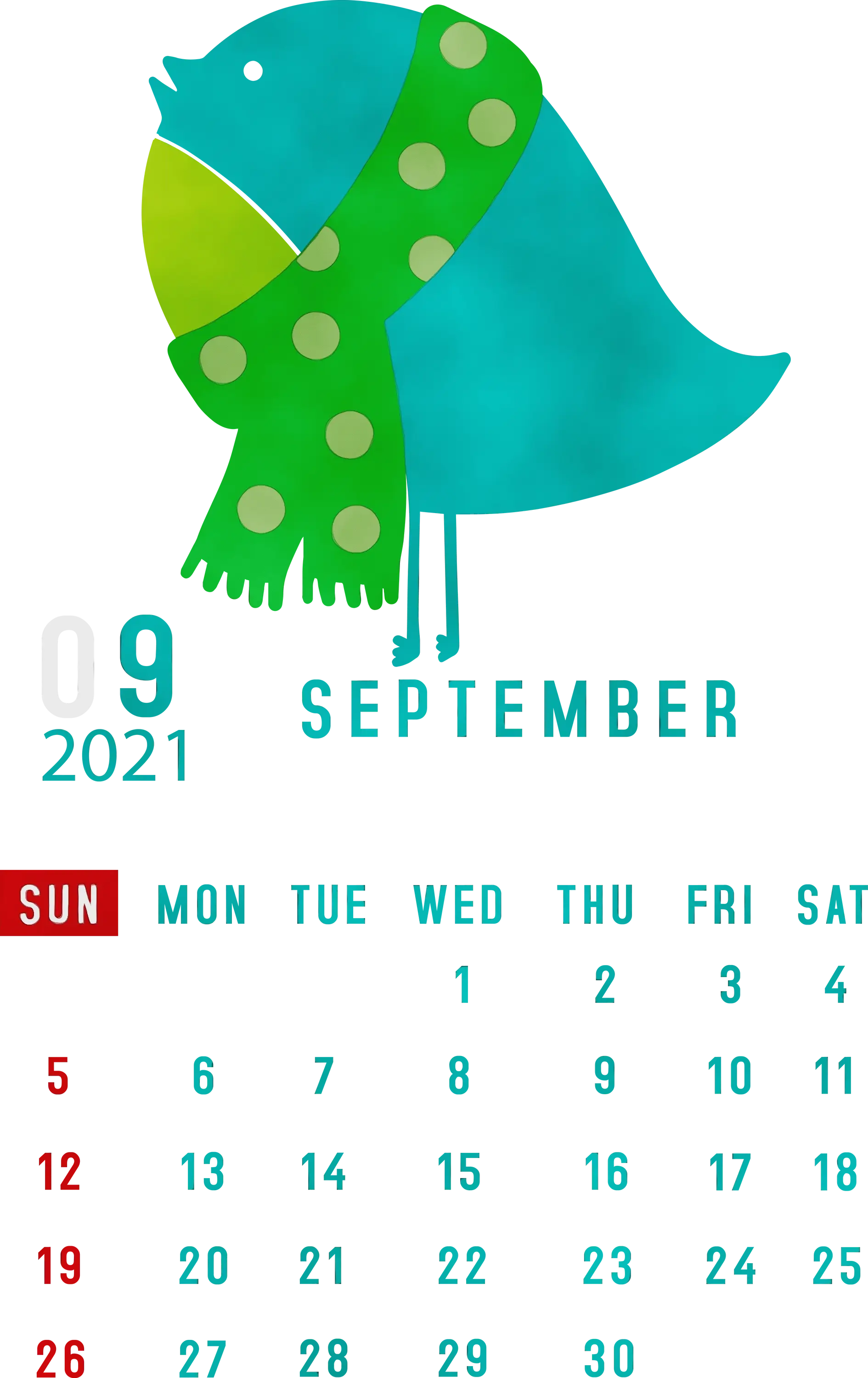September 2021 Calendar with Bird Design