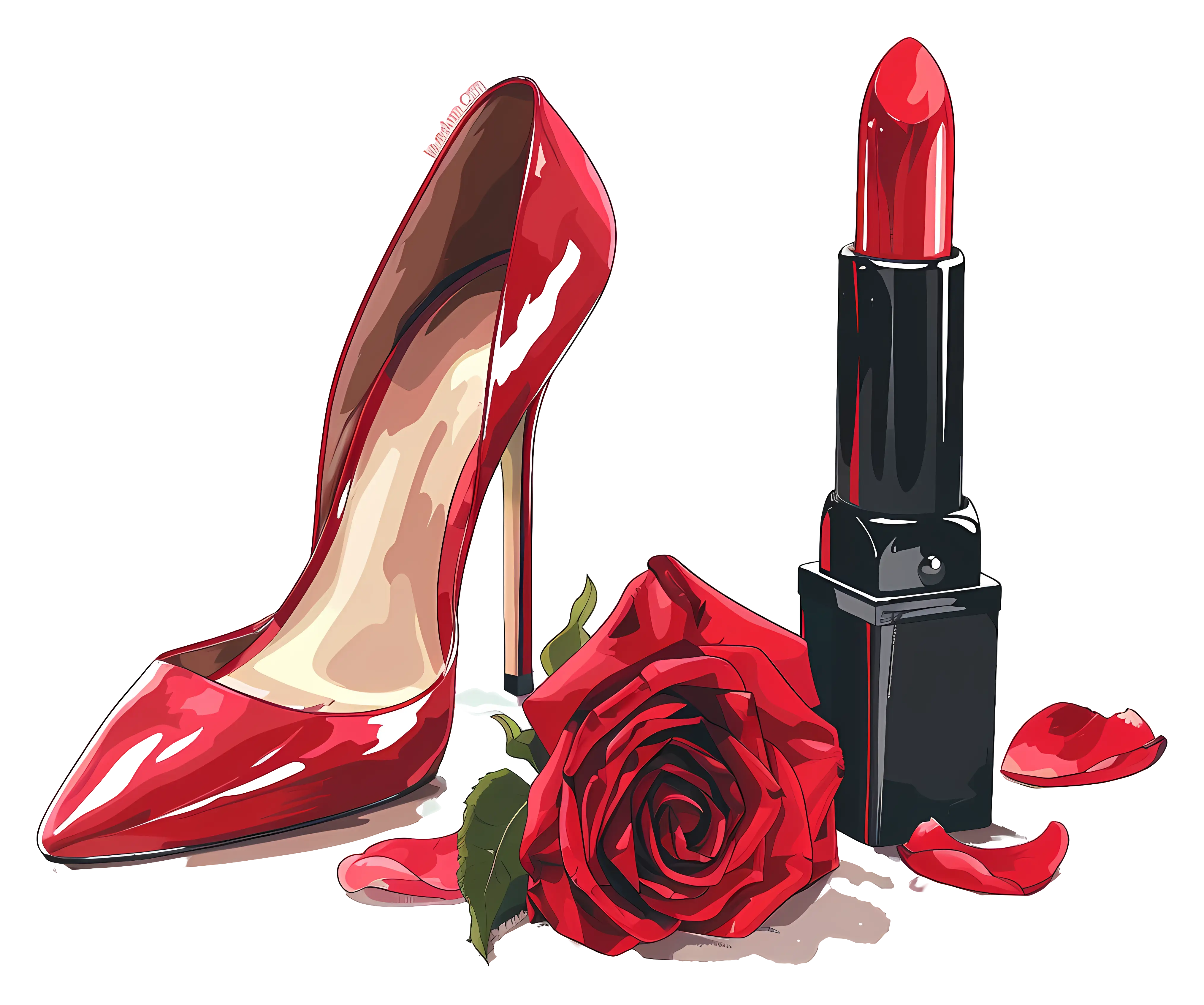 Red High Heel, Lipstick, and Rose Illustration