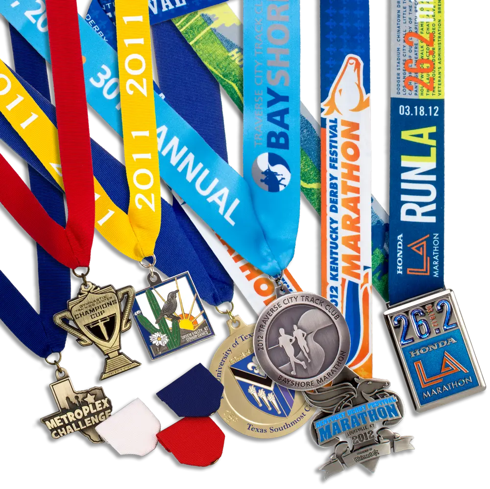 Colorful Marathon Medals and Ribbons