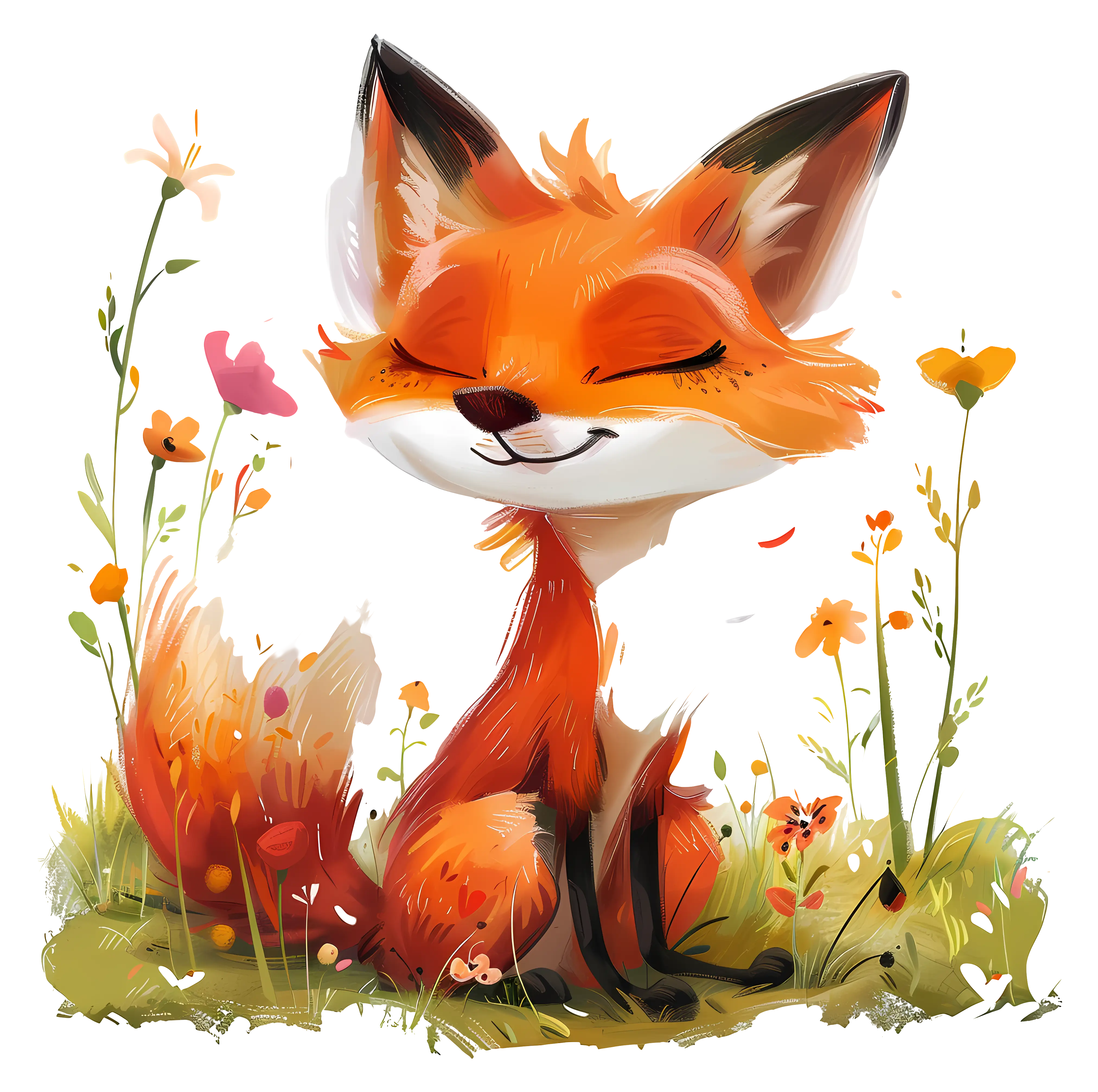 Adorable Fox Sitting in a Meadow of Flowers